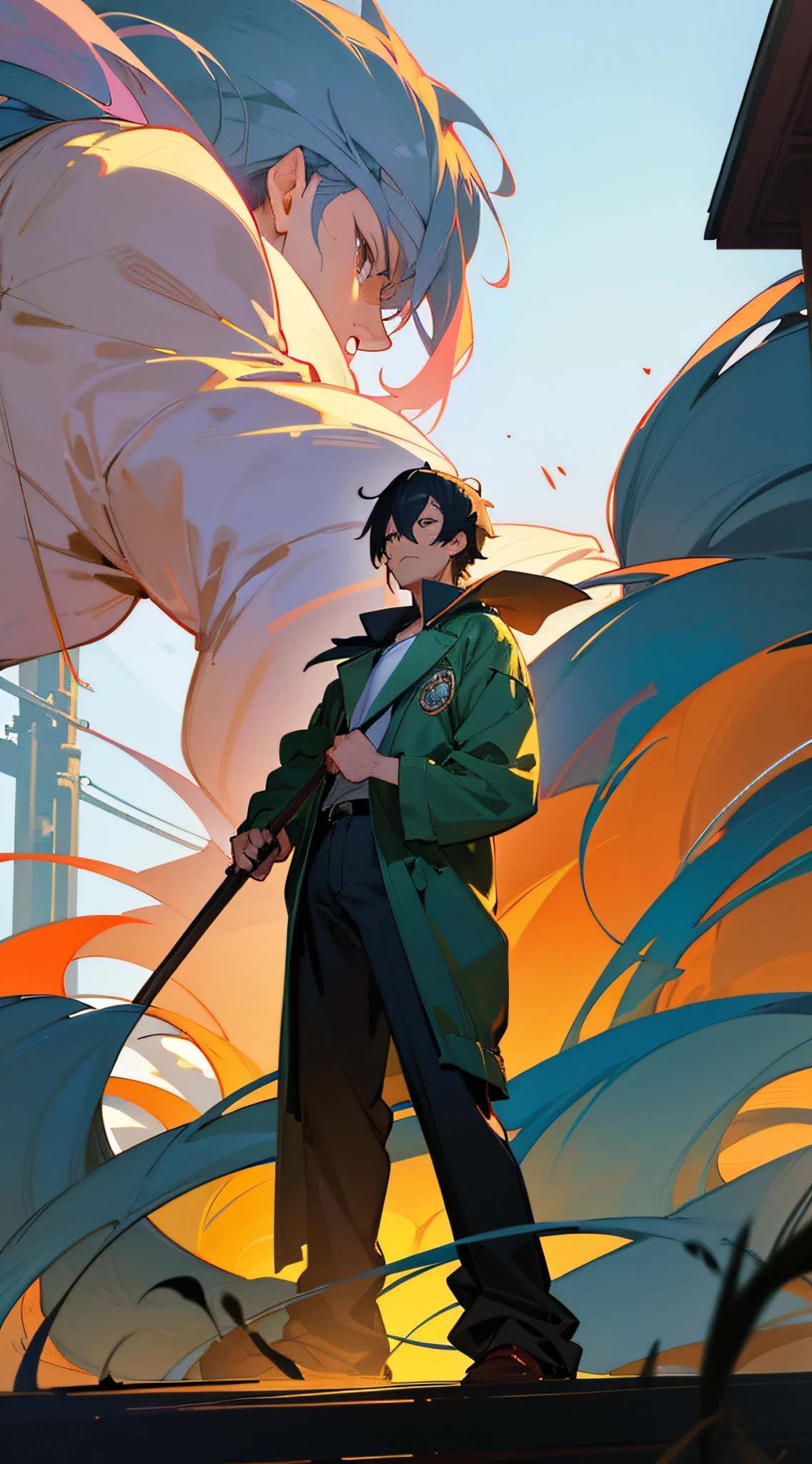 On the street stands a mature and steady man with a stick in his hand, detailed Hajime Yatatate character design, Fus Rei brushstrokes, night core scenes, moe anime style. --auto --s2