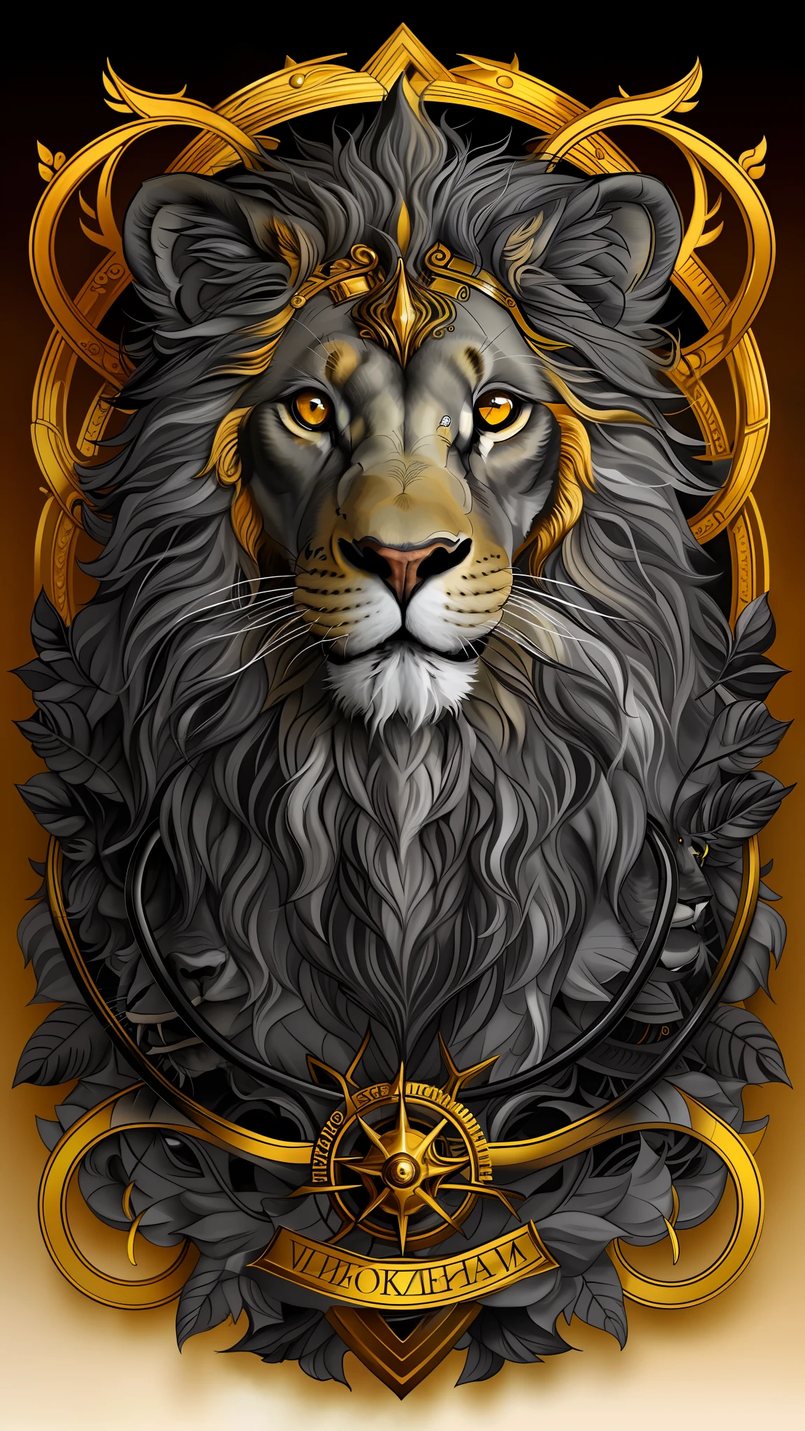 a black and gray lion,golden eyes