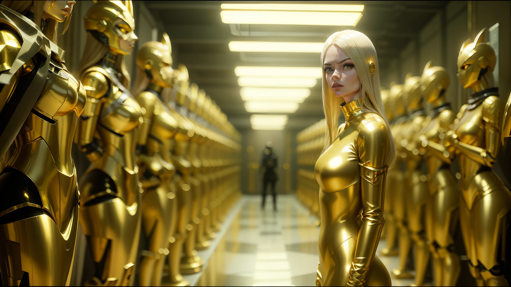 araffe woman in a gold dress standing in a room full of gold statues, still from alita, heavy metal band promo, samara weaving, robot in a server room, rendering of checkmate, white and gold dress, captured in bottles, mannequin, miners --ar 16:9 --auto --s2