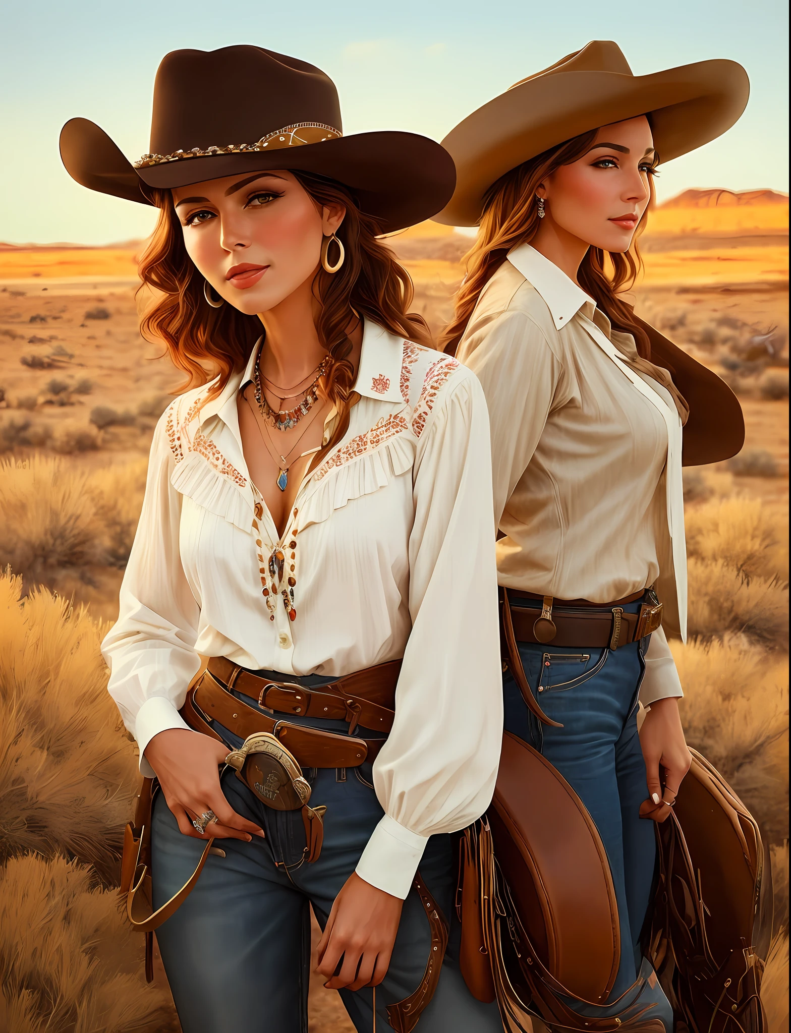 A beautiful woman exudes confidence as she dons a cowboy hat and wears elegant clothes and large shirts with cowgirl necklines. His ensemble captures the essence of the Old West with a touch of modern style. The illustrative style is inspired by the bold and vibrant works of Charles Marion Russell, known for his Western art. The color palette combines earthy tones with pops of bright colors, reflecting the harsh, lively spirit of cowboy culture. The camera angle captures the woman's strong, seductive presence, showing her as a modern cowgirl with a hint of nostalgia.