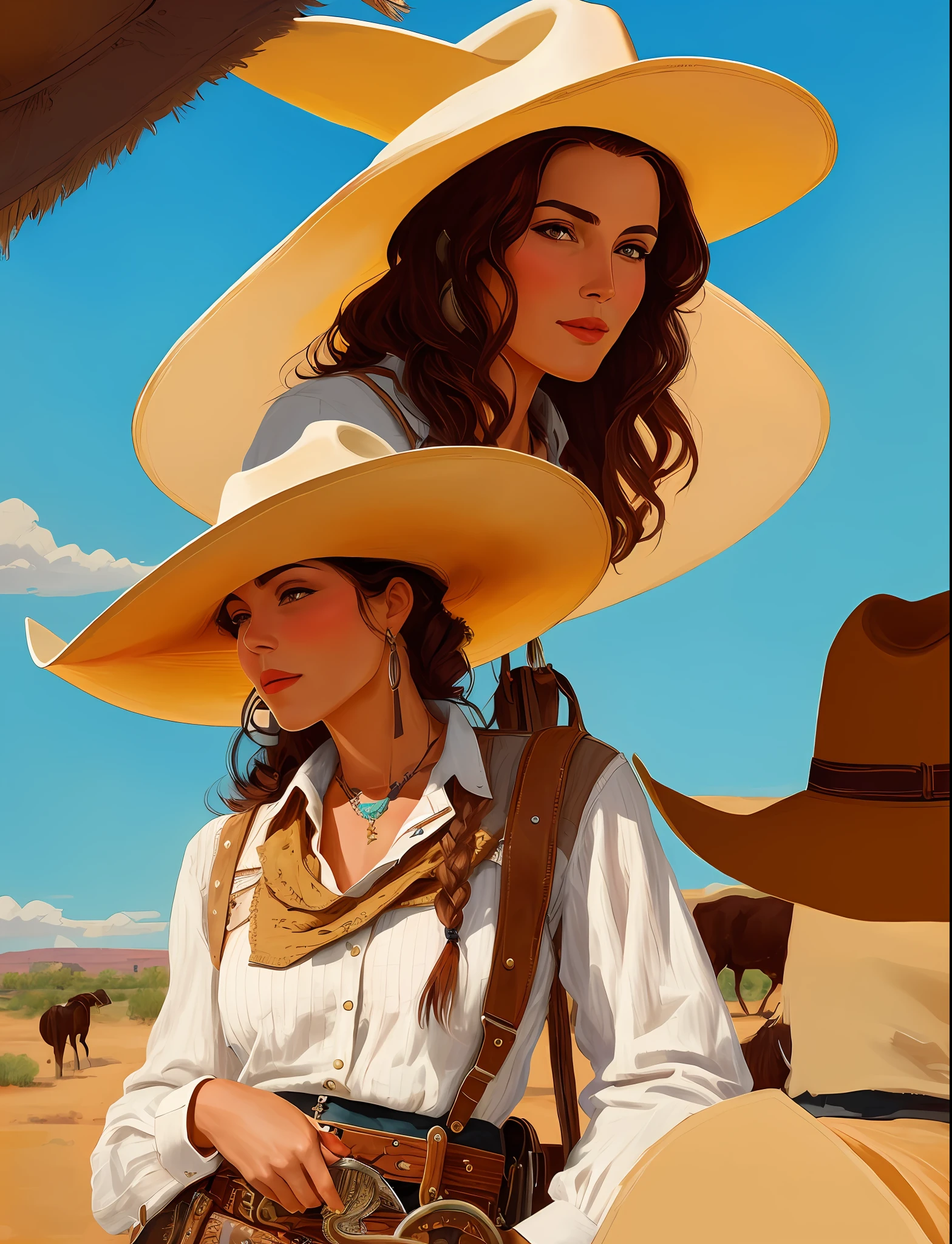 A beautiful woman exudes confidence as she dons a cowboy hat and wears elegant clothes and large shirts with cowgirl necklines. His ensemble captures the essence of the Old West with a touch of modern style. The illustrative style is inspired by the bold and vibrant works of Charles Marion Russell, known for his Western art. The color palette combines earthy tones with pops of bright colors, reflecting the harsh, lively spirit of cowboy culture. The camera angle captures the woman's strong, seductive presence, showing her as a modern cowgirl with a hint of nostalgia.