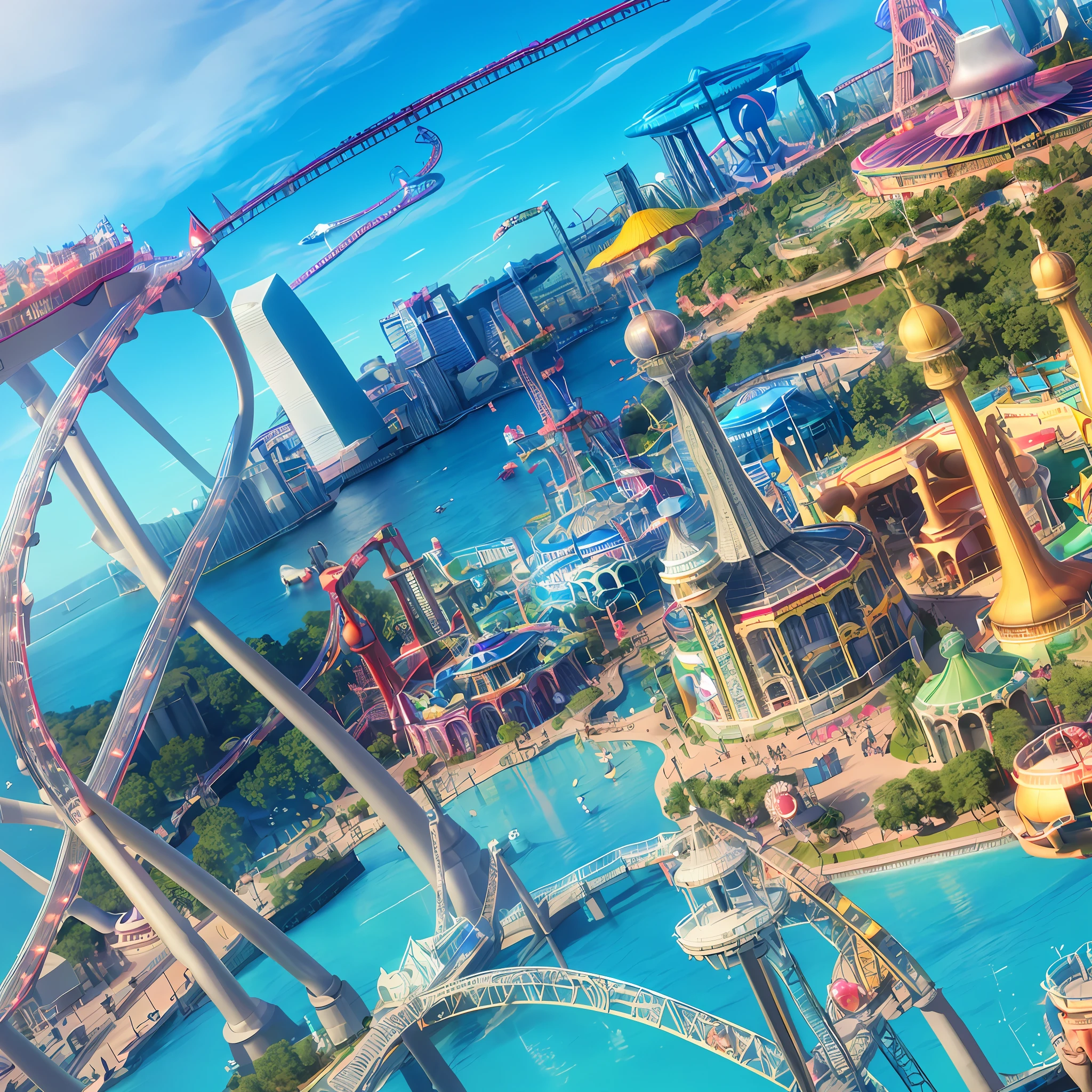 (Isometric perspective: 1.5), (Futuristic style: 1.2), amusement parks, roller coasters, carousels, bumper cars, Ferris wheels, pirate ships, roller coasters, water parks, IP, blender, OC render, best quality, 4k, super detail, surrealism, widescreen