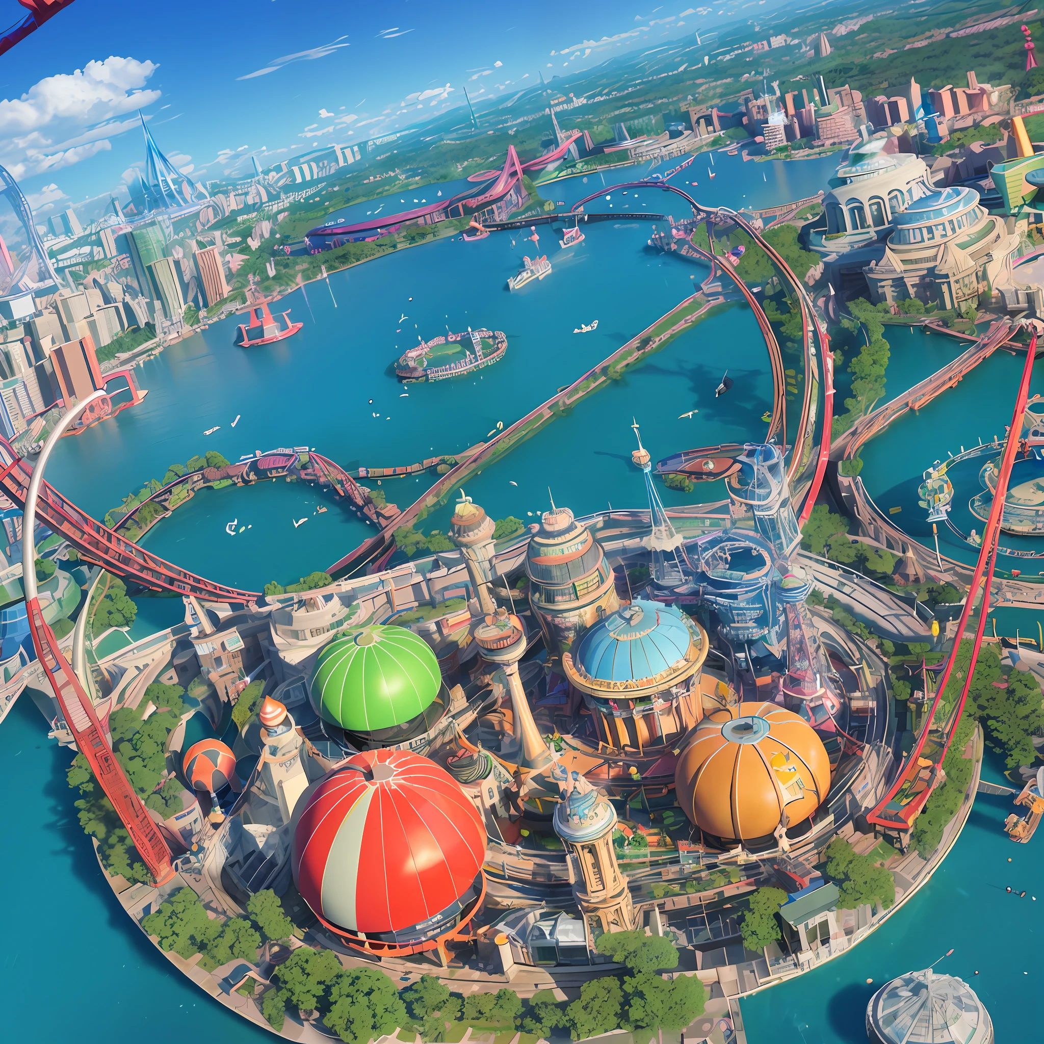 (Isometric perspective: 1.5), (Futuristic style: 1.2), amusement parks, roller coasters, carousels, bumper cars, Ferris wheels, pirate ships, roller coasters, water parks, IP, blender, OC render, best quality, 4k, super detail, surrealism, widescreen