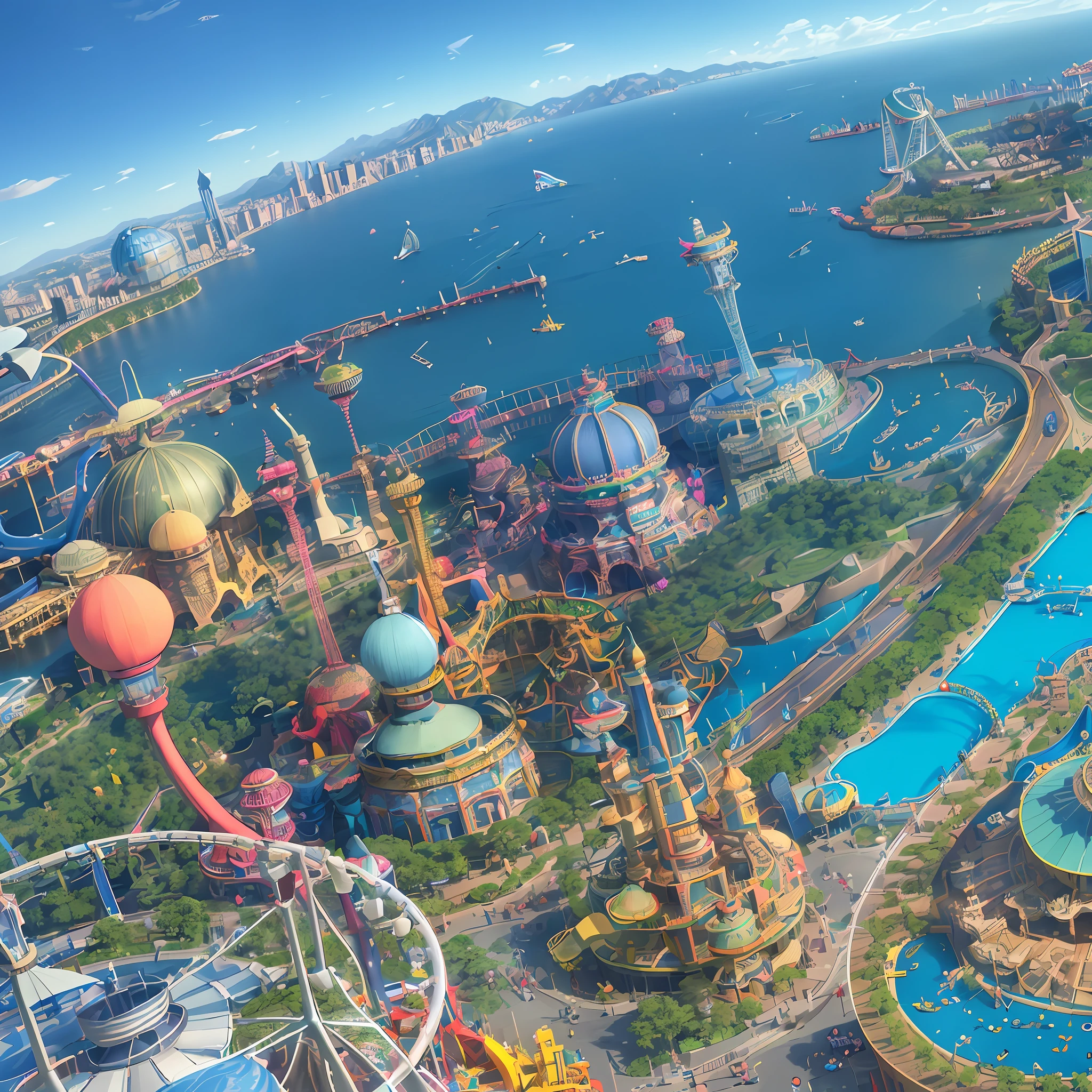 (Isometric perspective: 1.5), (Futuristic style: 1.2), amusement parks, roller coasters, carousels, bumper cars, Ferris wheels, pirate ships, roller coasters, water parks, IP, blender, OC render, best quality, 4k, super detail, surrealism, widescreen