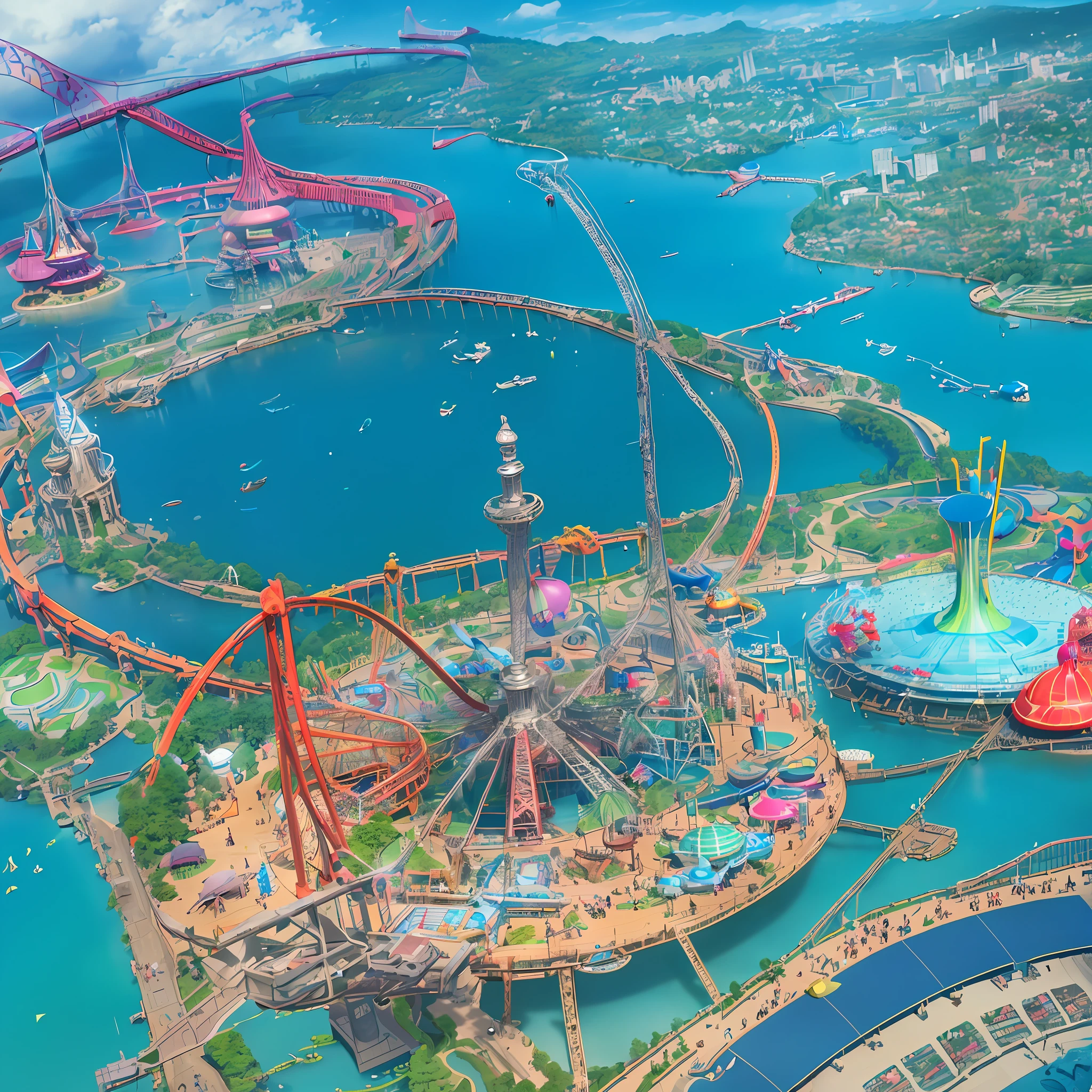(Isometric perspective: 1.5), (Futuristic style: 1.2), amusement parks, roller coasters, carousels, bumper cars, Ferris wheels, pirate ships, roller coasters, water parks, IP, blender, OC render, best quality, 4k, super detail, surrealism, widescreen