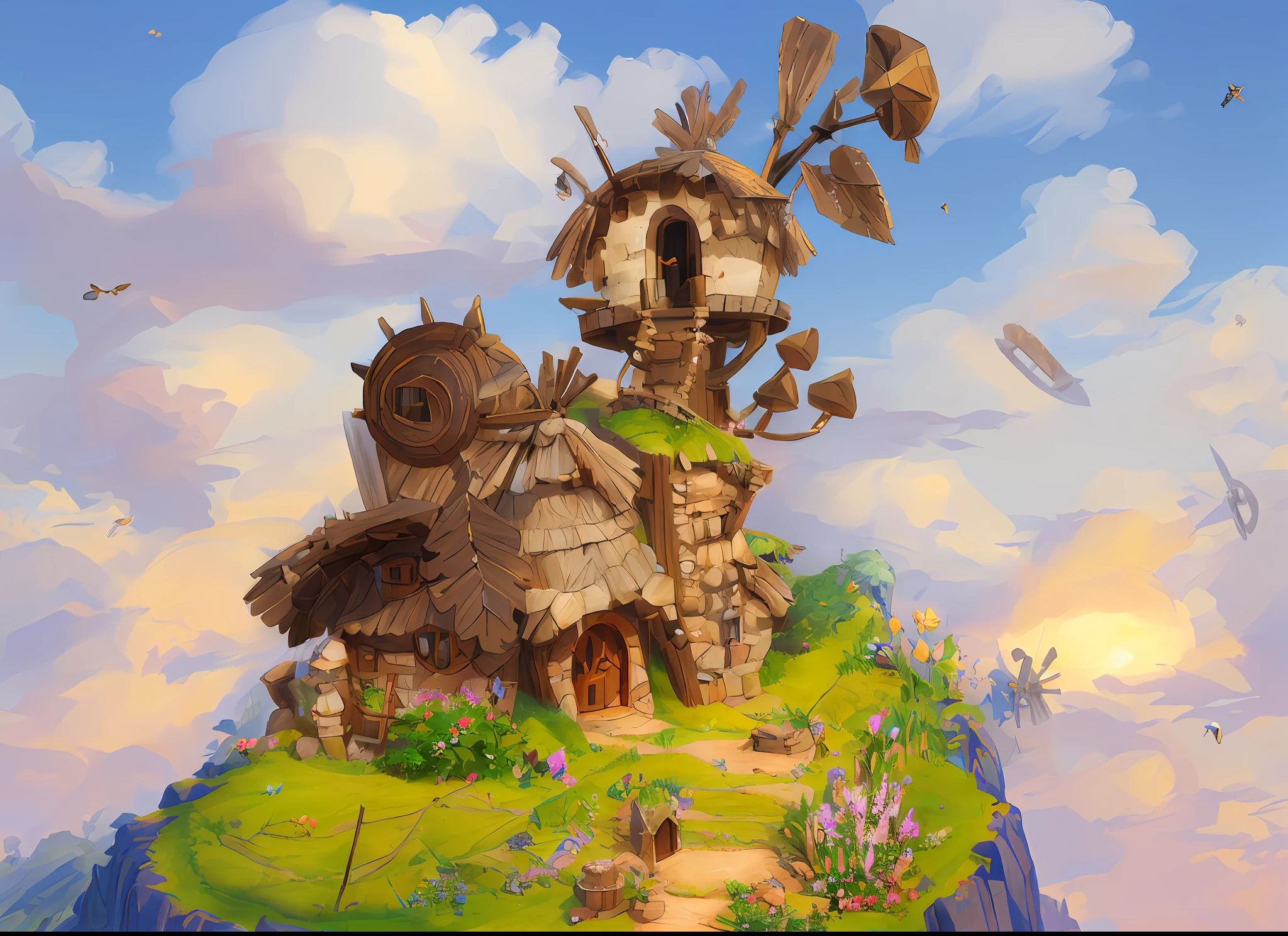 "(spring theme, windmill, original hall, primitive beehive-shaped chief's room, heroes of the storm:1.1) | (realistic and beautiful isometric game art, displaying character and scenery with detail and depth)":0.9