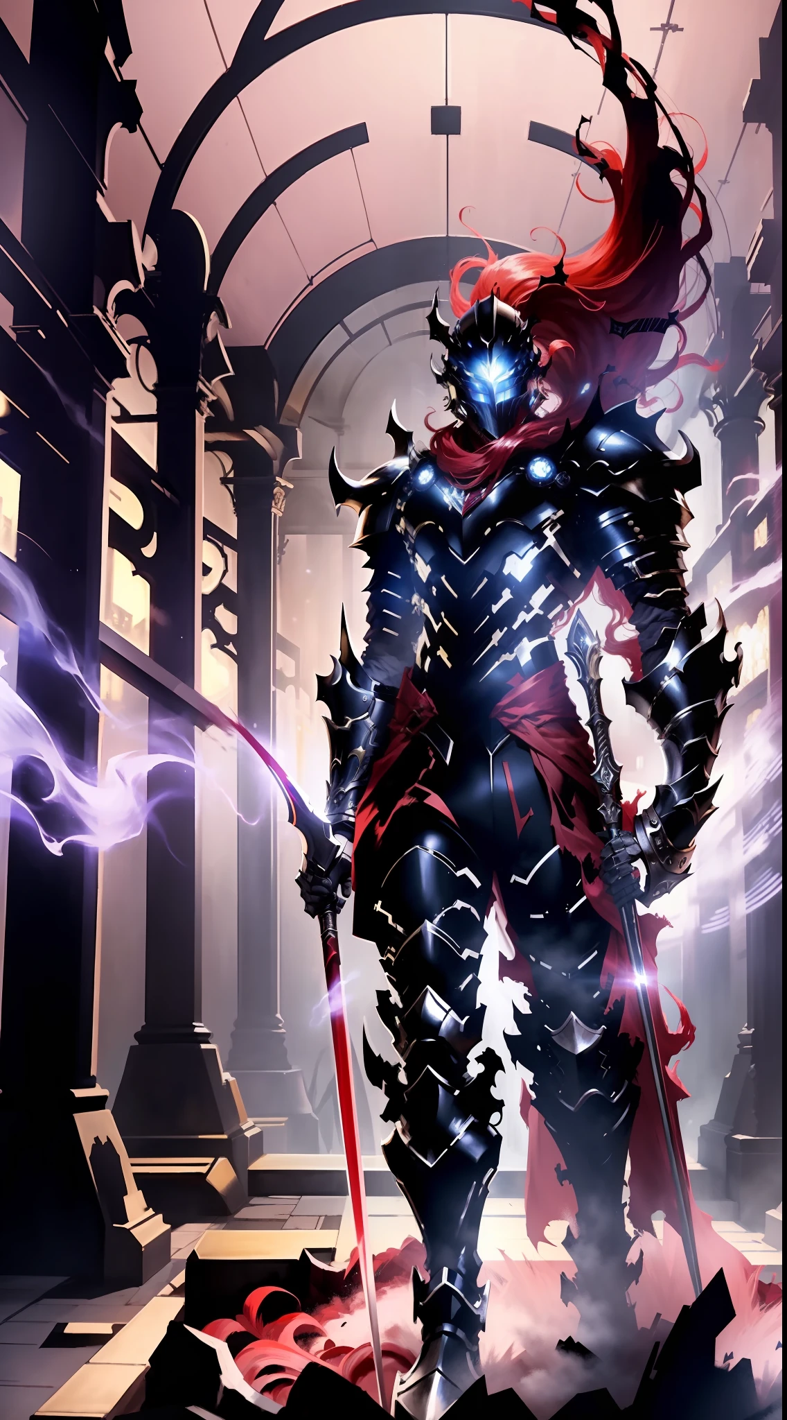 Masterpiece, Best Quality, 8K, Igris ( Solo Leveling ), man tall slender statuesque knight, in dark armor, in helmet, behind the helmet develops a high ponytail of red hair, eyes burn, goes to the viewer, in full growth, background dark throne room