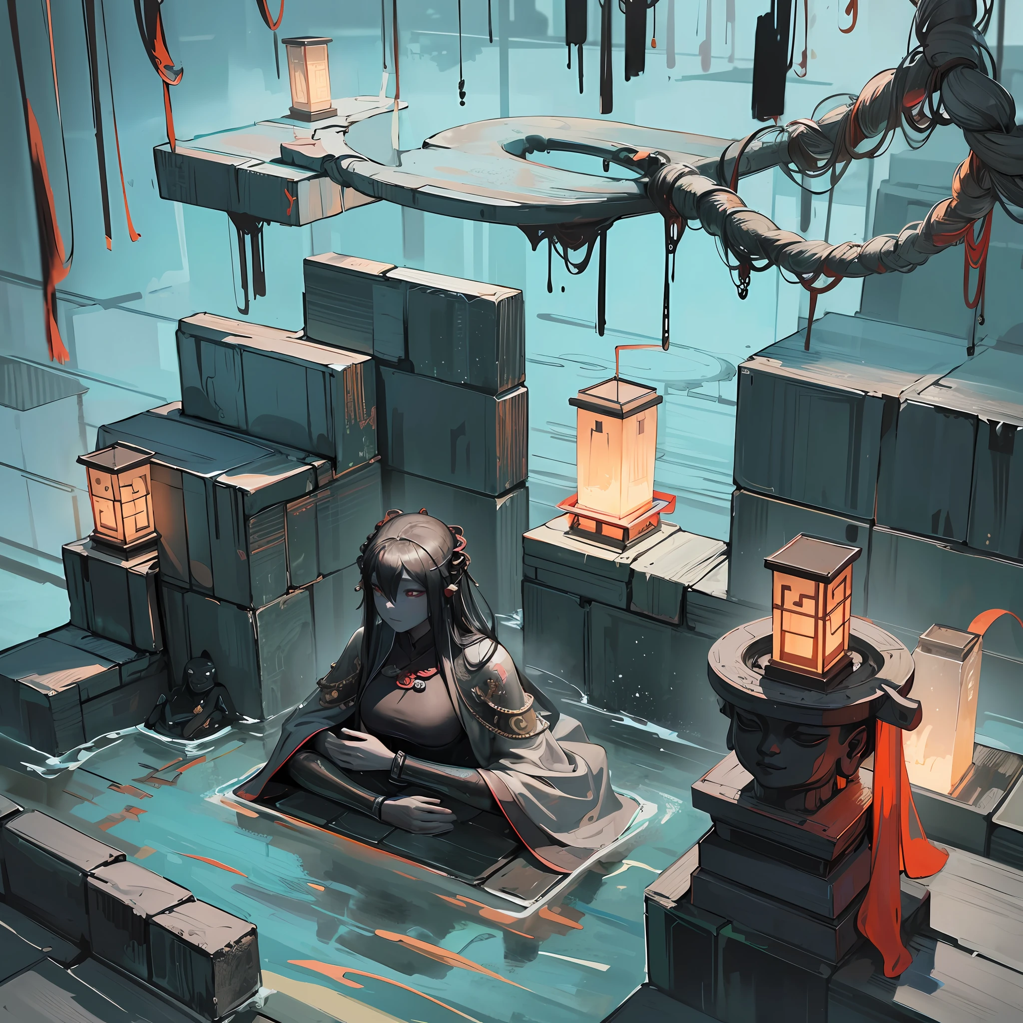 Ancient Chinese landscapes, temples, (mysterious black fog), Journey to the West, ((ghosts)), (corpses), (ancient monsters)), glazed tiles, Buddha statues, lanterns, absurdity, realistic lighting, (abyss) masterpieces, high quality, exquisite graphics, high detail, seabed, water prison, --auto --s2