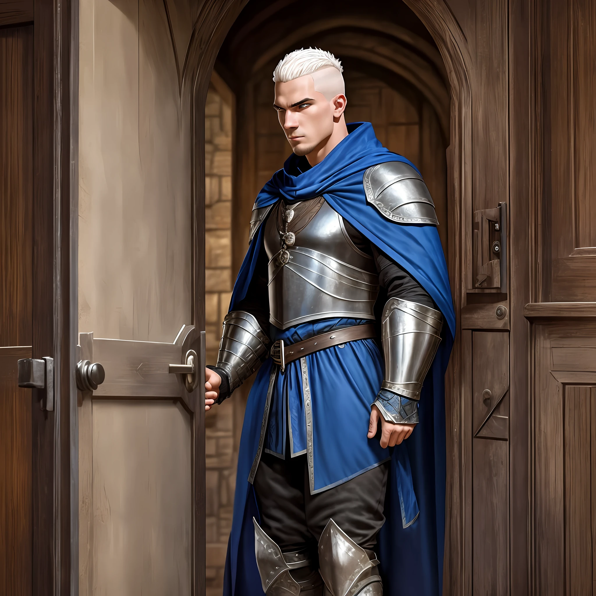 Young man tall muscular, wide, bright-eyed, With shaved White hair, wearing a black medieval Armor and a Blue cape, angry at the entrance door of a tavern, Realistic, Full HD, best quality