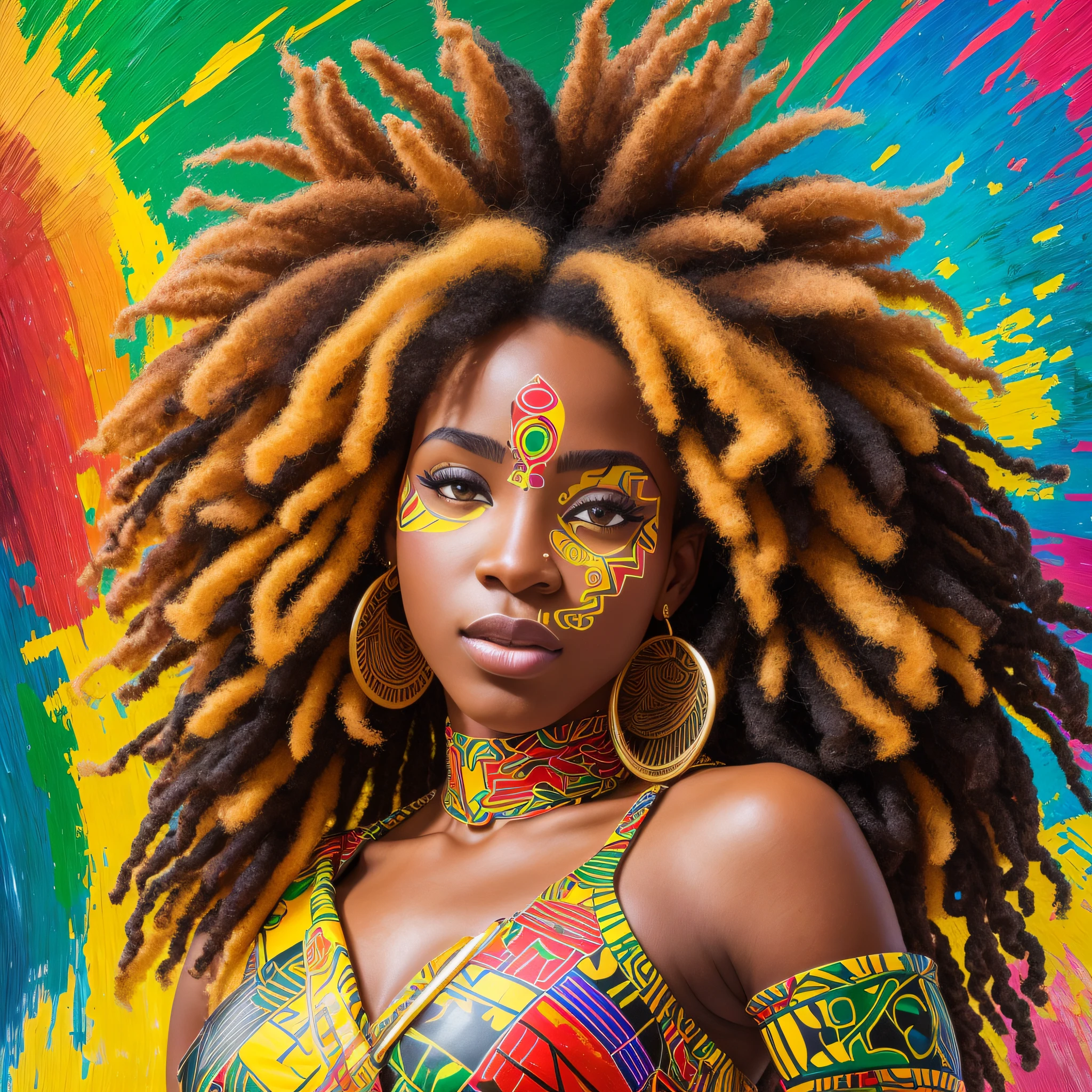 afro style,Beautiful black girl: a giru 40 years, rastafary hair, centered image, 
beaten background, backgroud, oil painting, afro desendent face, colors red, green, yellow, and black,
African, flag of brazil, 8k resolution, masterpiece, beautiful black face, soft digital painting,
Photorealistic masterpiece: acrylic, professional photography, natural lighting,elegant, expansive, curly hair, vibrant,
 best quality details, realistic,photorealistic masterpiece:
 Acrylic Professional Photography, Photoillustration , Olodum Bahia --auto --s2