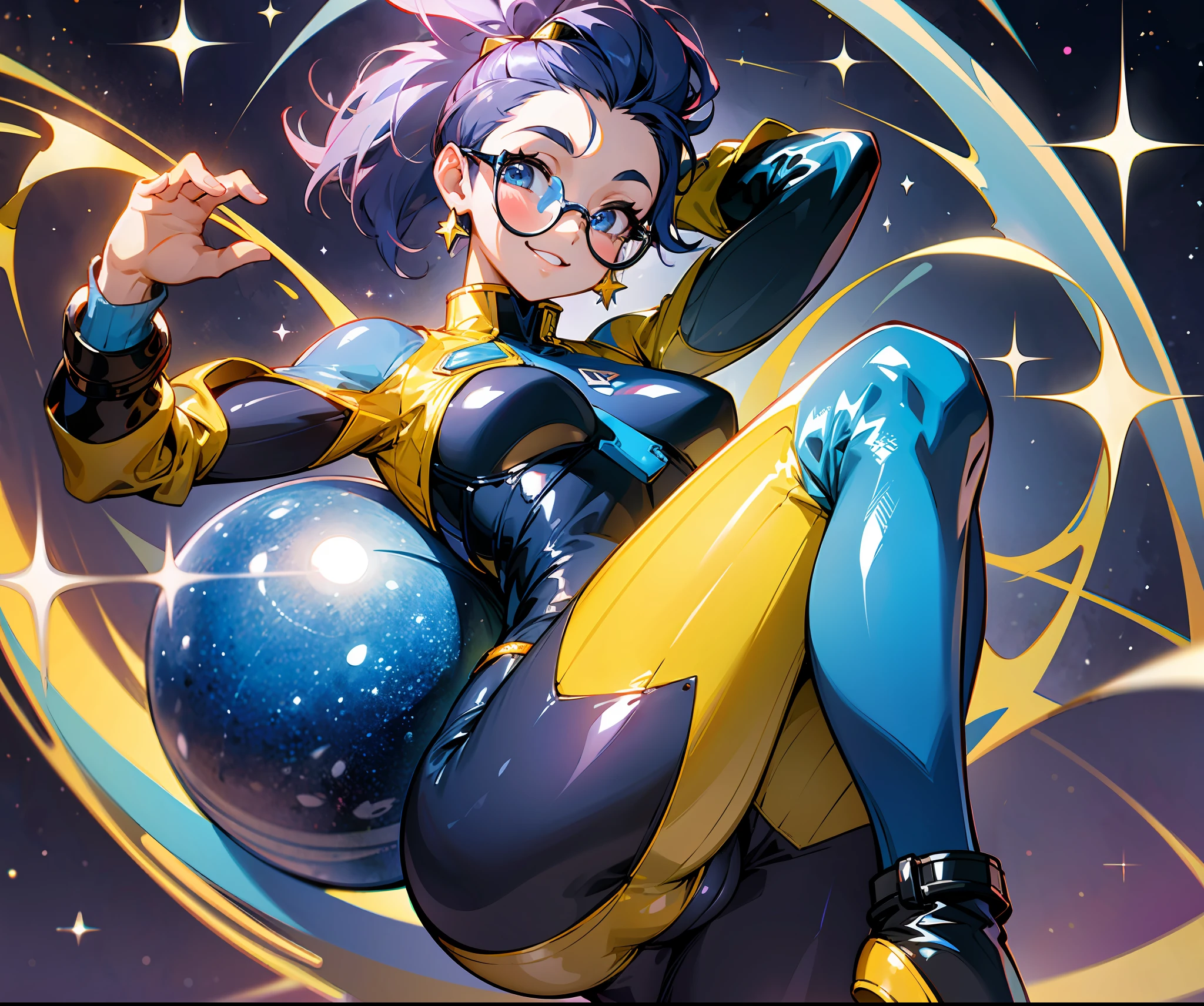 1girl dark skin, small breasts, wears thick-framed glasses that highlight her facial features, with short hair, ponytail and gray, she wears a tight jumpsuit, cameltoe, with details in vibrant colors reminiscent of the stars and planets of outer space, high-top boots with non-slip soles, poses for the photo with a radiant smile,  emanating joy and positivity. She tilts her head slightly to the side, showing a relaxed and friendly attitude. His eyes sparkle with enthusiasm, reflecting the emotion of the moment. With her arms positioned casually or crossed slightly, she demonstrates a confident and relaxed posture. The scenery around you can be seen sharply, creating an interesting contrast to your vibrant presence. This pose captures an instant of happiness and vitality, conveying the vibrant and captivating personality