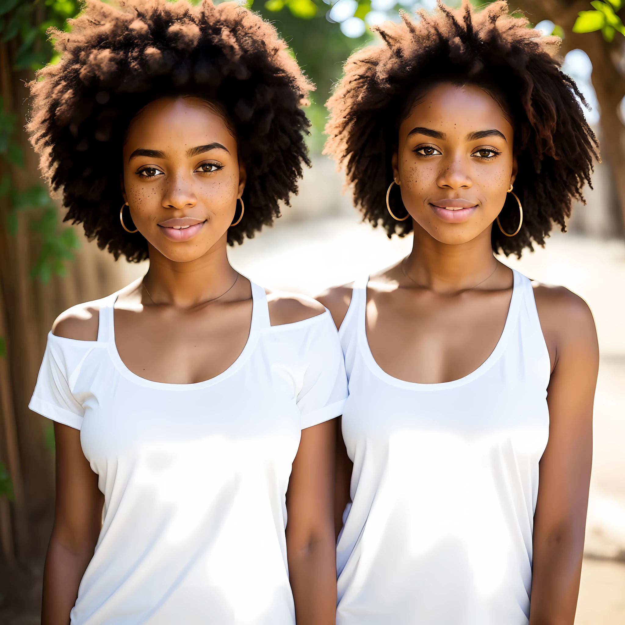 One look at the camera, young African, peetos eyes, cut on the shoulders, transparent white T-shirt with breasts to show, (freckles:0,3), (signs:0,3), large breasts and beaks, clean face, no makeup, natura, portrait, 50 mm, Full Frame, bokeh, 4k resolution, Rafael Amarante