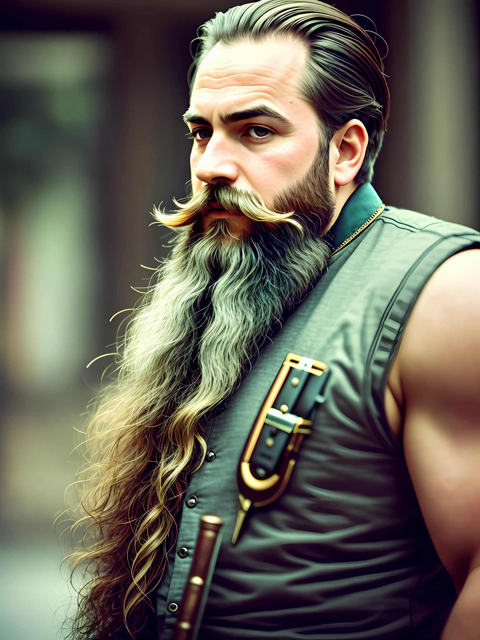1 boy, beard, blurred, blurred background, blurred foreground, depth of field, facial hair, male focus, masculine, motion_blur, mustache, old man, solo, upper body, fantasy background, portrait, steampunk_bg