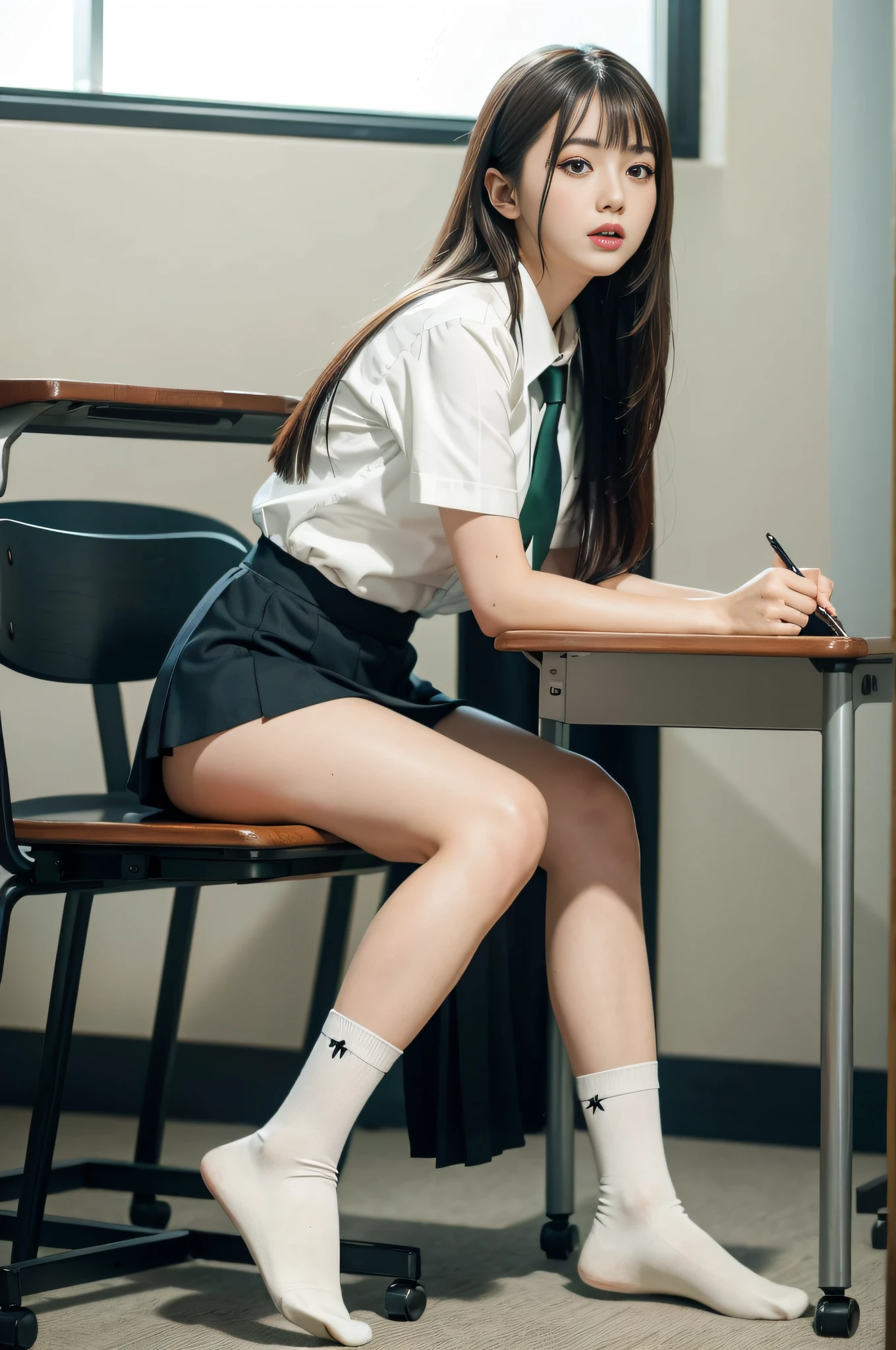 Long black hair, white skin, Chinese, young, thick eyebrows, black eyes, biting lips, white school uniform, green tie, small waist, blue short skirt, white socks, in the classroom, sitting on the desk, revealing white panties, slim legs, brown school shoes, realistic, 8k, masterpiece, high resolution, high resolution, anatomically correct, high resolution, inspired by Marin Kitagawa in anime
