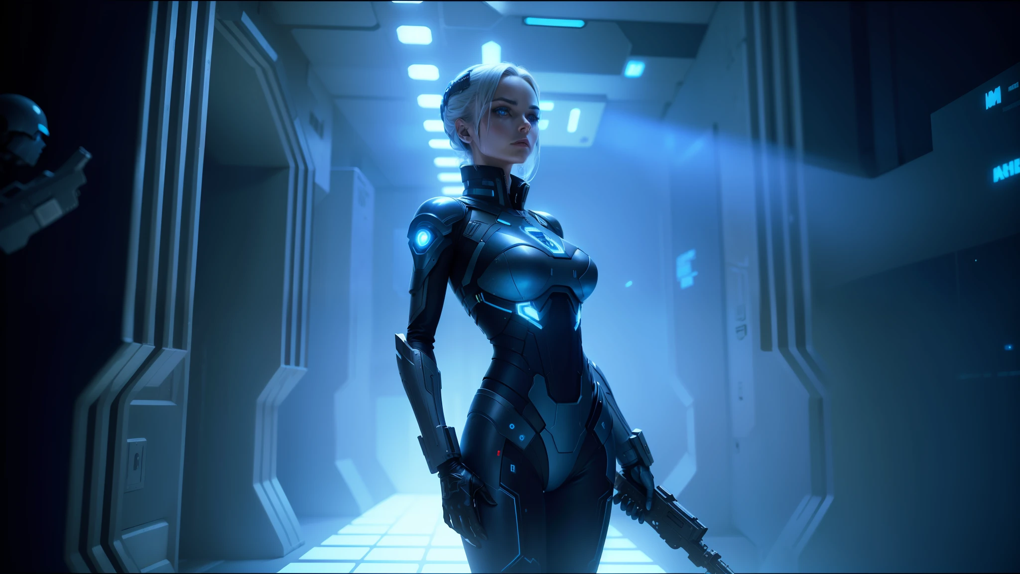 there is a woman in a futuristic suit holding a gun, cinematic blue lighting, a computer rendering, endoskeleton, modeling photograph kerli koiv, still frame from prometheus, rendering of beauty pageant, android, droid, promotional image, by Matteo Pérez, cyborg girl --ar 16:9 --auto --s2