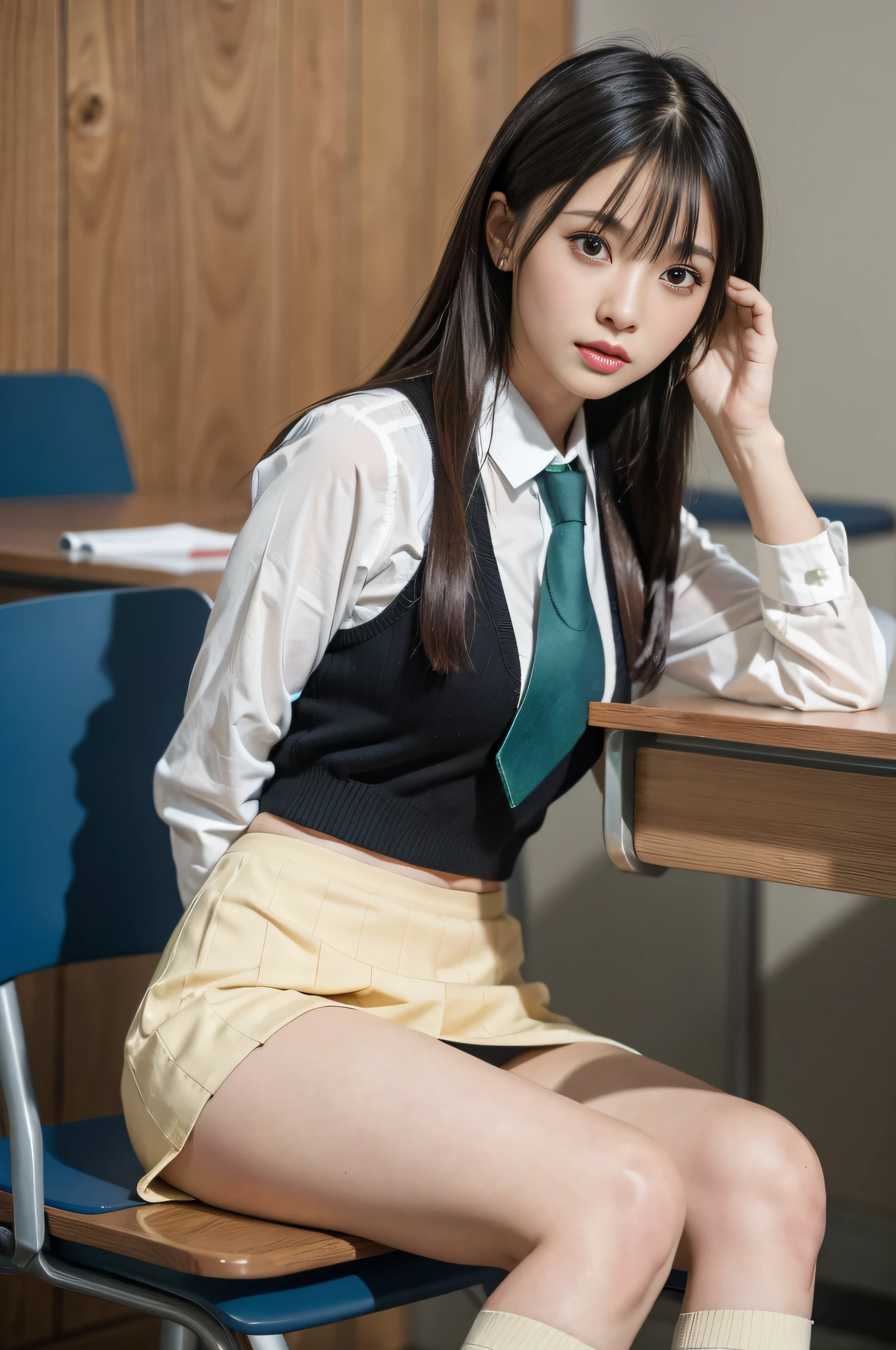 Long black hair, white skin, Chinese, young, thick eyebrows, black eyes, biting lips, white school uniform, green tie, small waist, blue short skirt, white socks, in the classroom, sitting on the desk, revealing white panties, slim legs, brown school shoes, realistic, 8k, masterpiece, high resolution, high resolution, anatomically correct, high resolution, inspired by Marin Kitagawa in anime