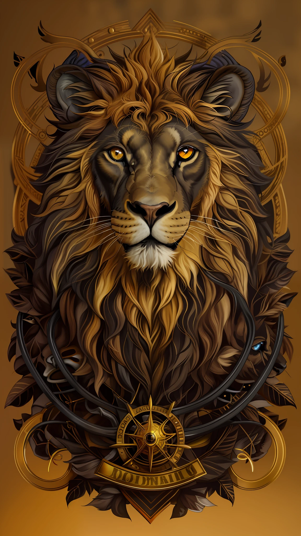 a brown and black lion,golden eyes