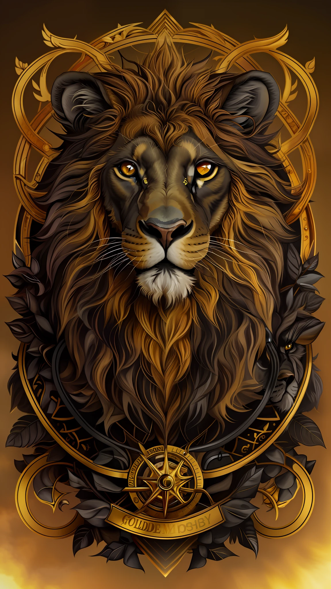 a brown and black lion,golden eyes
