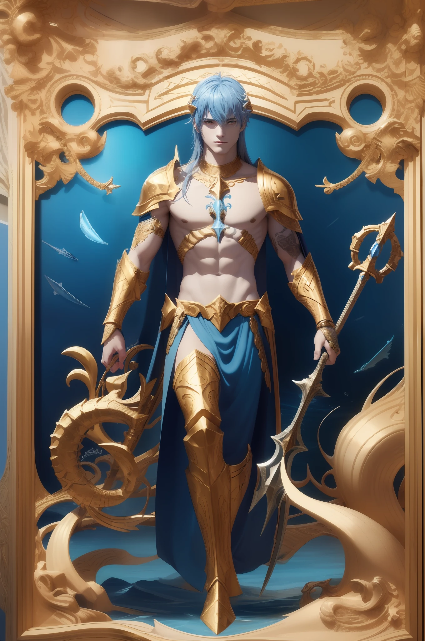 Image of a man with a sword and armor, the god Poseidon, Atlantean warrior, the god of the sea, god of the ocean, poseidon, mystical Atlantean valkyrie, the knights of the zodiac, like an Atlantean, portrait of mermaid warrior, 2. 5 D CGI Anime Fantasy Art, Atlantean, Epic Fantasy Digital Art Style