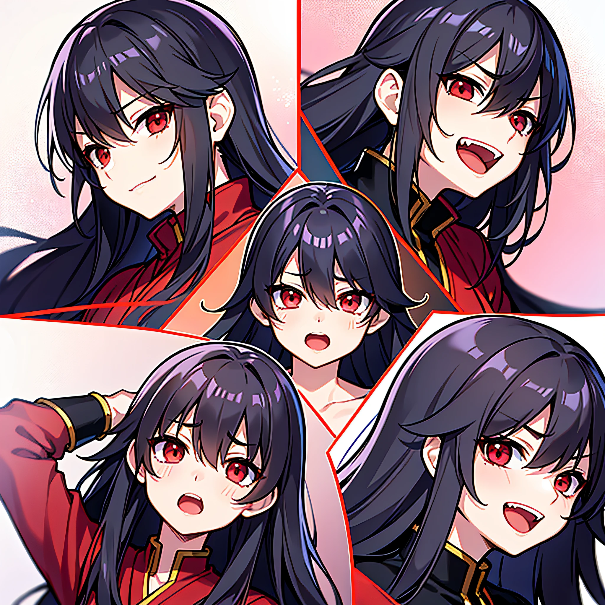 There is a Japanese-style webtoon page with multiple shots of the same character in the same clothes with different facial expressions: The webtoon page depicts one character, a young Asura guy with long black hair in a red tunic in different frames, the same character in each frame, a young Asura guy with long black hair in a red tunic but with different facial emotions. A young Asura guy with long black hair and a red tunic in every frame. Frame 1 character laughing close-up. Frame 2: the character is indifferent. Frame 3: The character is evil. Frame 4: The character smiles sweetly. Frame 5: the character is crying. Frame 6: the character is surprised. Frame 7: The character winks slyly. Frame 8: The character is bored and looks at the sky. Frame 9: the character screams angrily. The frames are arranged randomly, each frame has a white background. The character is drawn in traditional Japanese manga style, with clean anime-style lines. The skin is pale. Related characters, old comic book grid, white background