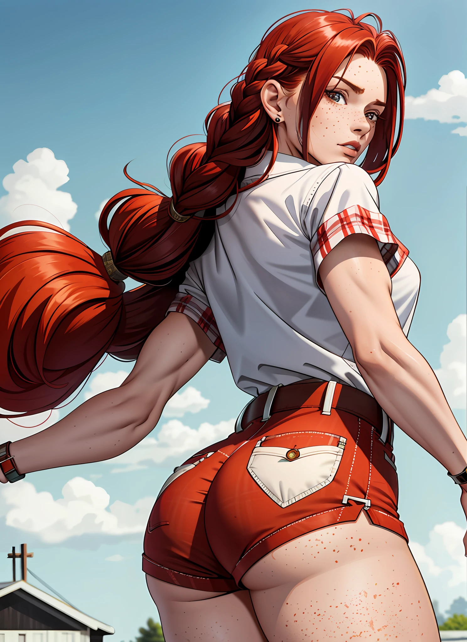 Woman, 20 years, muscles, freckles, long hair, large thighs, ass, small breasts, red hair, ass, braid, short shorts, plaid button blouse, (background : farm)