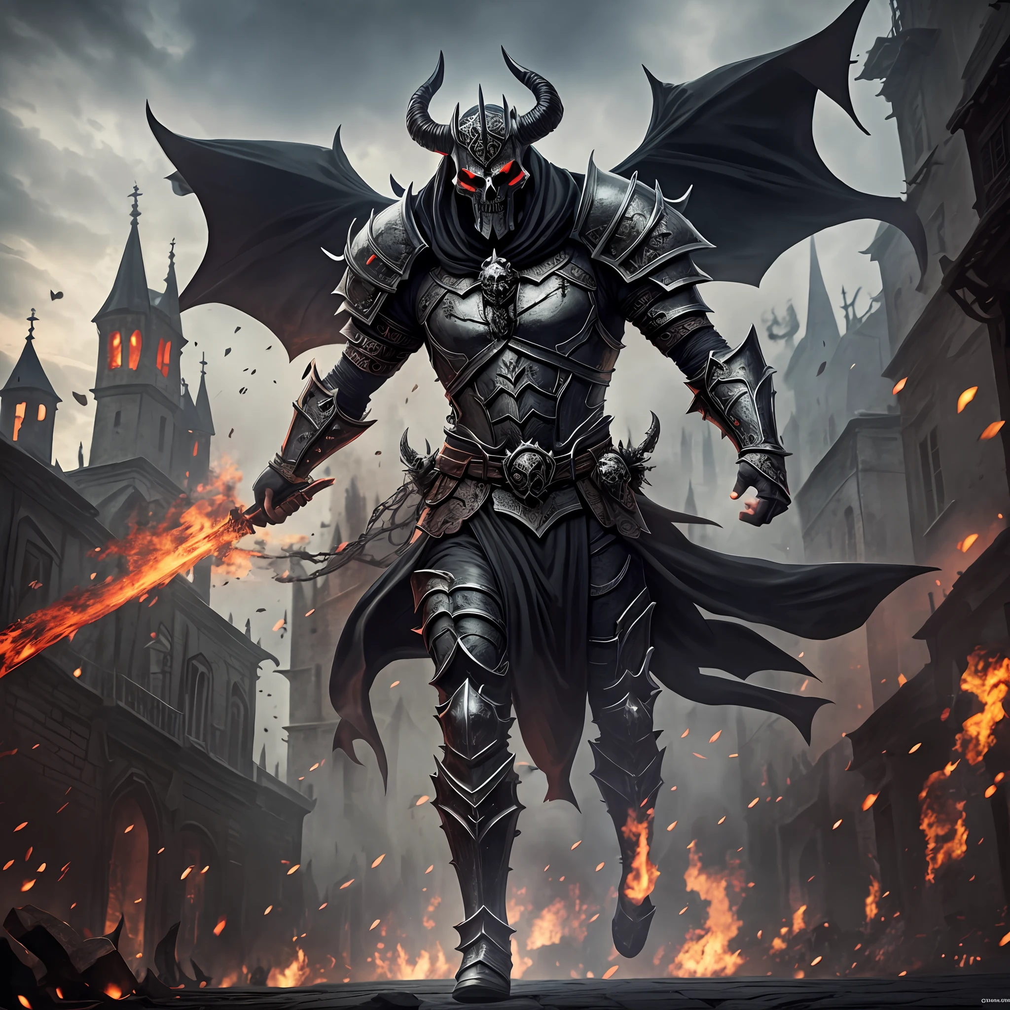 Demon king, skull-headed dark lord, wearing locking armor, floating in the middle of a medieval city, with people screaming scared, Realistic, Full HD, Best Quality.