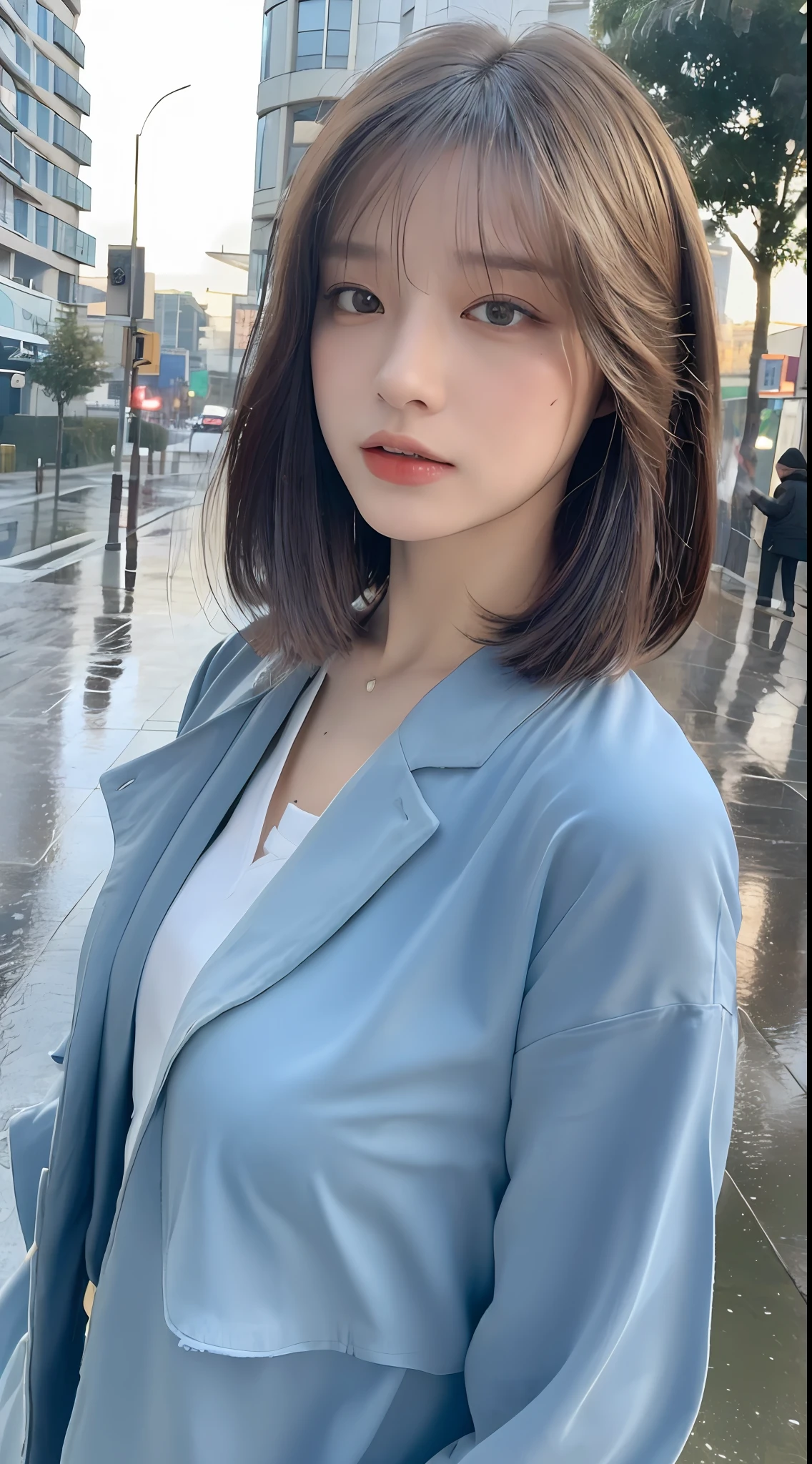 ((Best Quality, 8K, Masterpiece:1.3)), Focus:1.2, Perfect Body Beauty:1.4, ((Layered Haircut, )) , (Rain, Street:1.3), JK Uniform, Highly Detailed Face and Skin Texture, Fine Eyes, Double Eyelids, Whitening Skin, Long Hair, (Shut Up: 1.3),