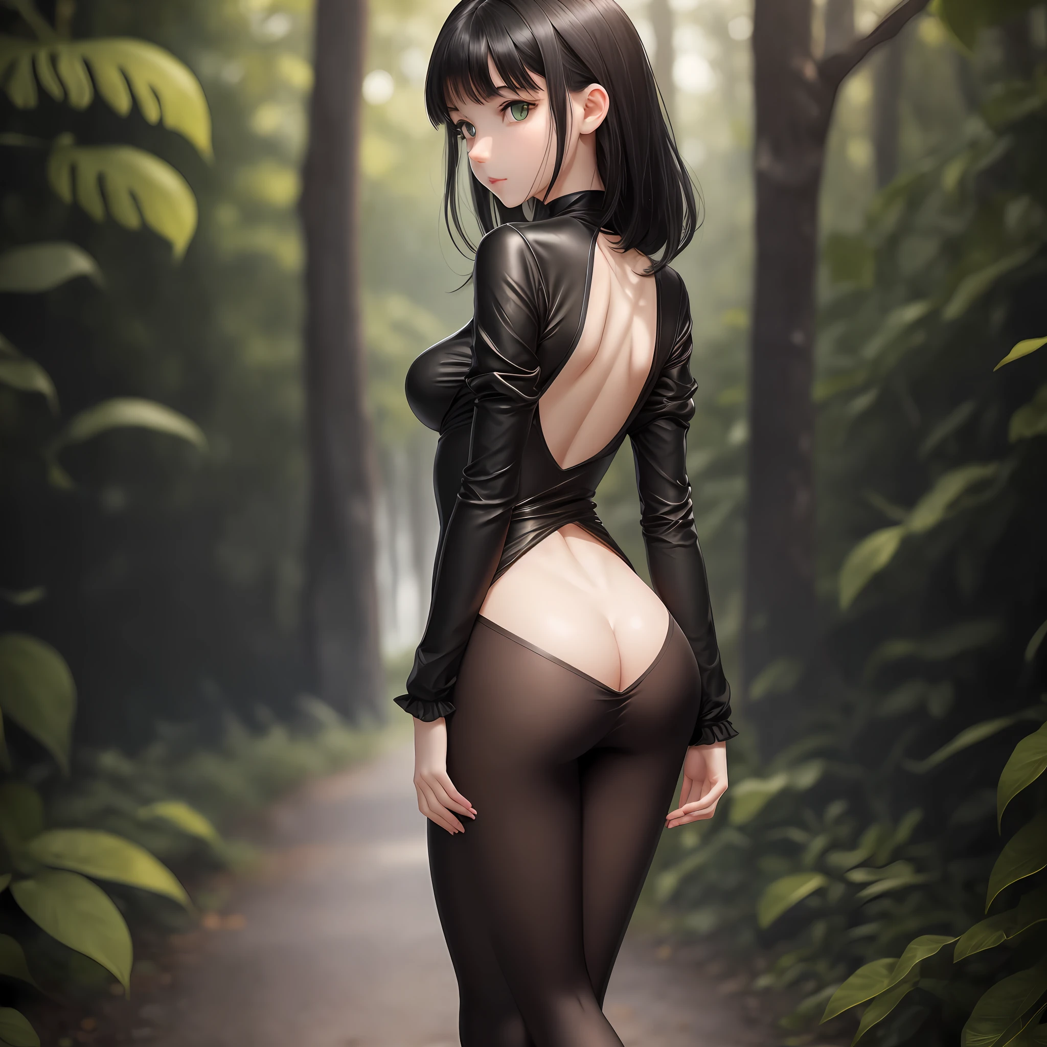 A cute young girl with black hair and green eyes, standing short, skinny and petite, with a pale, shiny skin. Her figure is accentuated by her arched back and the shape of her small and pointy breasts covered only by tight clothing --auto --s2