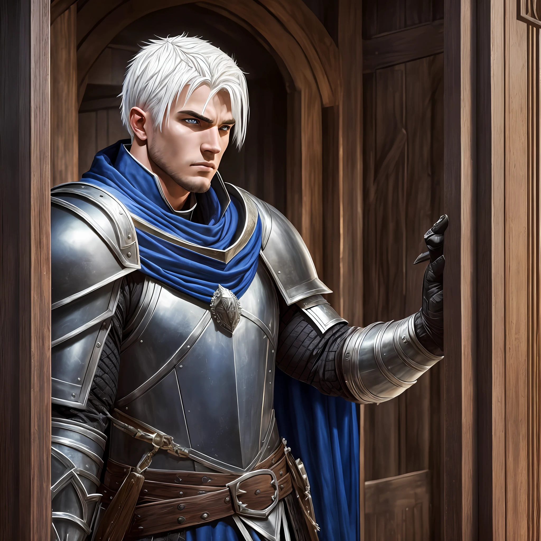 Young man tall muscular, wide, bright-eyed, With shaved White hair, wearing a medieval Armor with wolf shoulder pads, black and a Blue cape, angry at the entrance door of a tavern, Realistic, Full HD, best quality