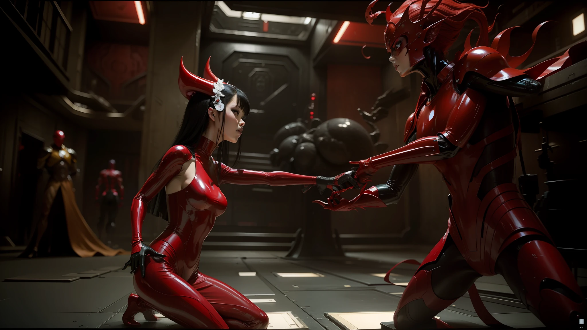 aliens are fighting in a dark room with a red alien, wearing atsuko kudo latex outfit, still from marvel movie, swirling red-colored silk fabric, zeen chin and terada katsuya, two different characters, screengrab, inspired by Dai Jin, honeycomb halls --ar 16:9 --auto --s2