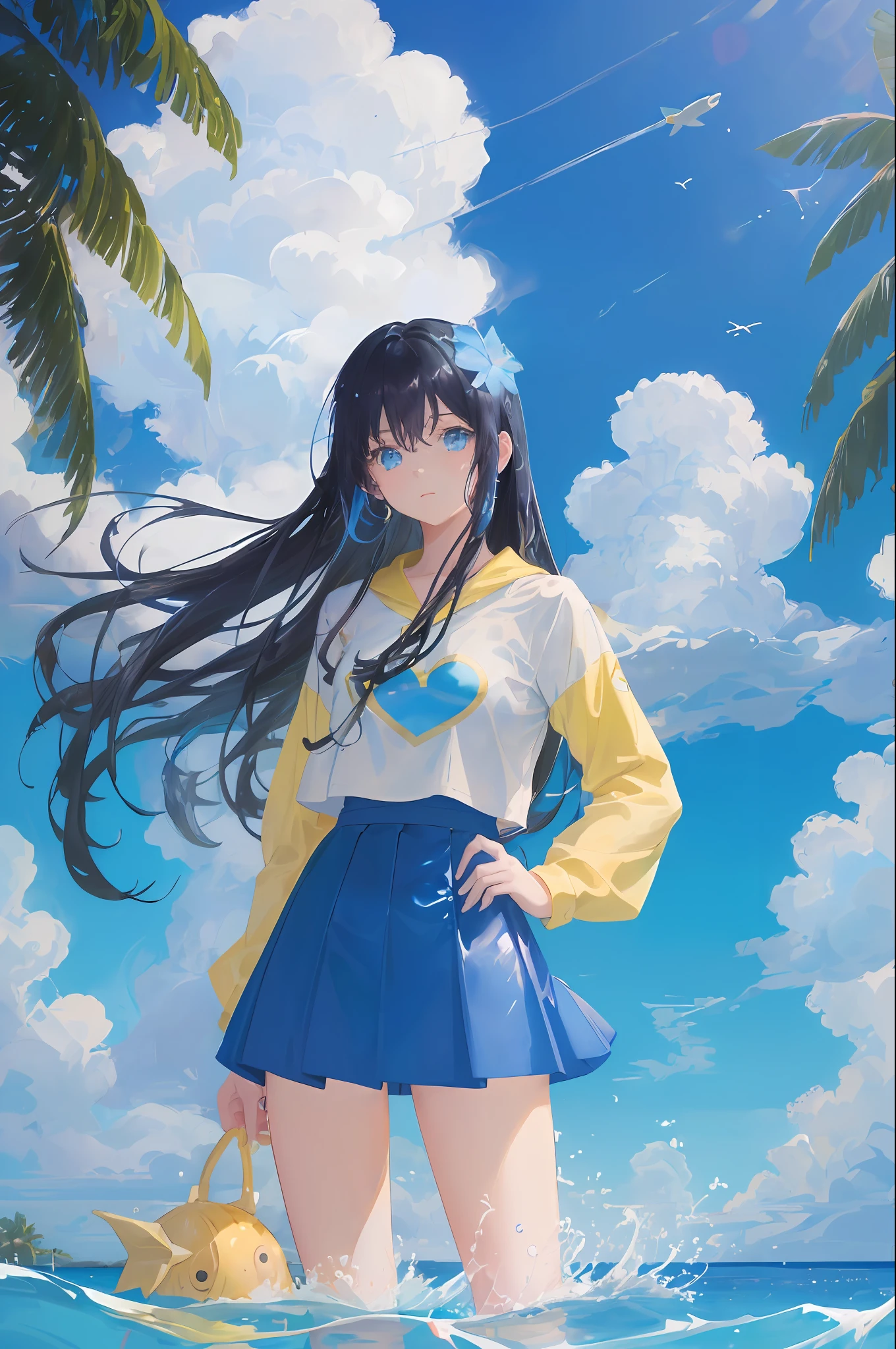 art by Cornflower, dreamy, (A beautiful, aged, anime-style girl with blue eyes and long, black hair, wearing a pale yellow, shiny, long-sleeved, open-chest, long skirt swimming suit with a pink, white, and yellow, heart on it is posing with her hands on her hips, in front of a beach and a bright, blue sky with clouds in it, there are palm trees in the background on both sides of the picture, and there are lots of blue and yellow fish swimming in the ocean, and there is a police helicopter with lights on it flying over the girl)