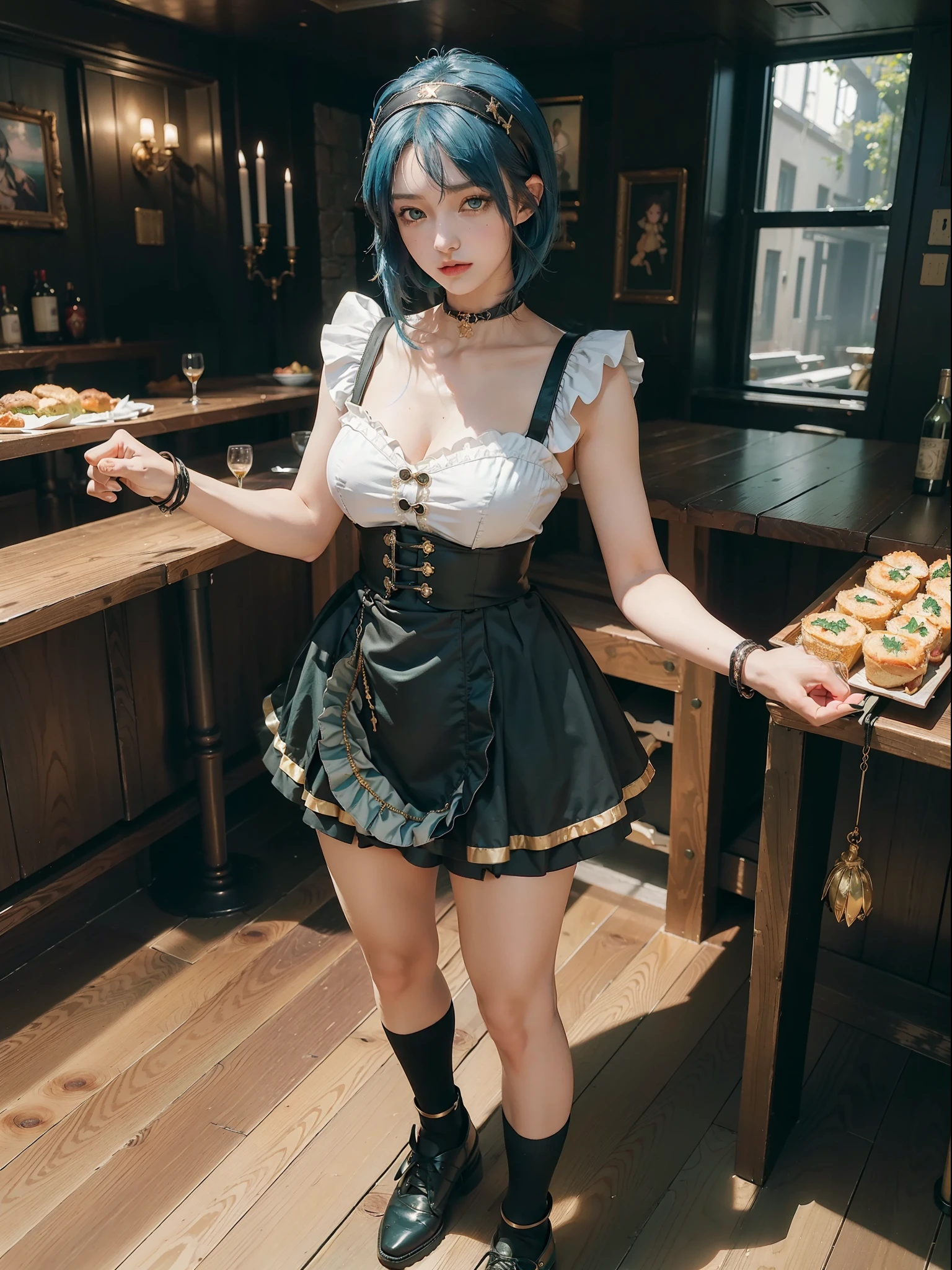 ((full body, standing, standing on the floor, Saria)), ((black with gold pieces/maid's outfit with short skirt and socks with clip on the skirt, tight on the body)), smile, face with red cheek, ((she inside a pirate-themed restaurant with several people having lunch)), she has large breasts is wearing a maid's headdress, she has (((short blue hair,  green eyes)), closed fists, perfect anatomy,best resolution, ultra detailed, anime style, masterpiece, 16k, UHD, textured skin, anatomically correct, ccurate