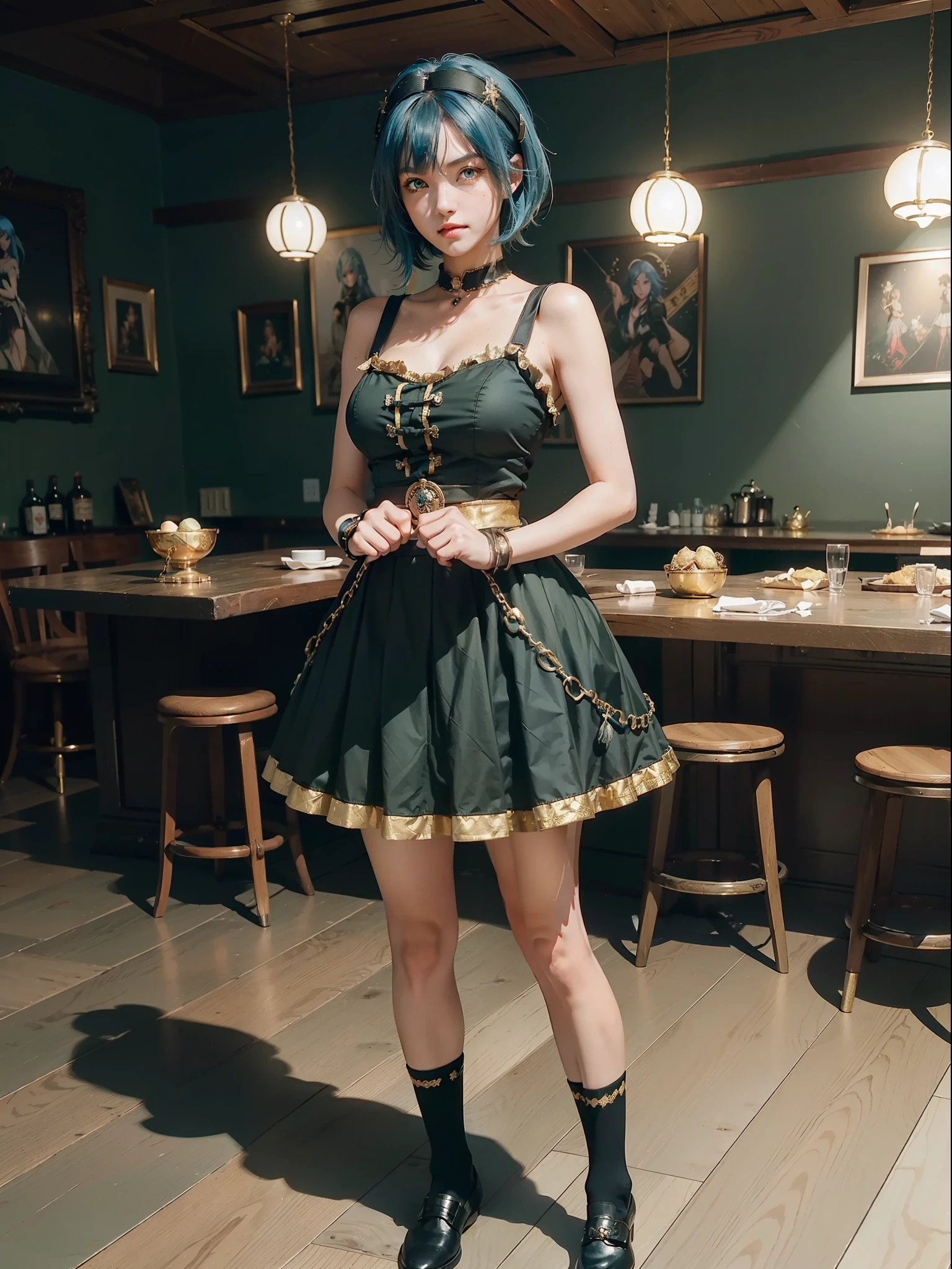((full body, standing, standing on the floor, Saria)), ((black with gold pieces/maid's outfit with short skirt and socks with clip on the skirt, tight on the body)), smile, face with red cheek, ((she inside a pirate-themed restaurant with several people having lunch)), she has large breasts is wearing a maid's headdress, she has (((short blue hair, green eyes)), closed fists, perfect anatomy,best resolution, ultra detailed, anime style, masterpiece, 16k, UHD, textured skin, anatomically correct, ccurate