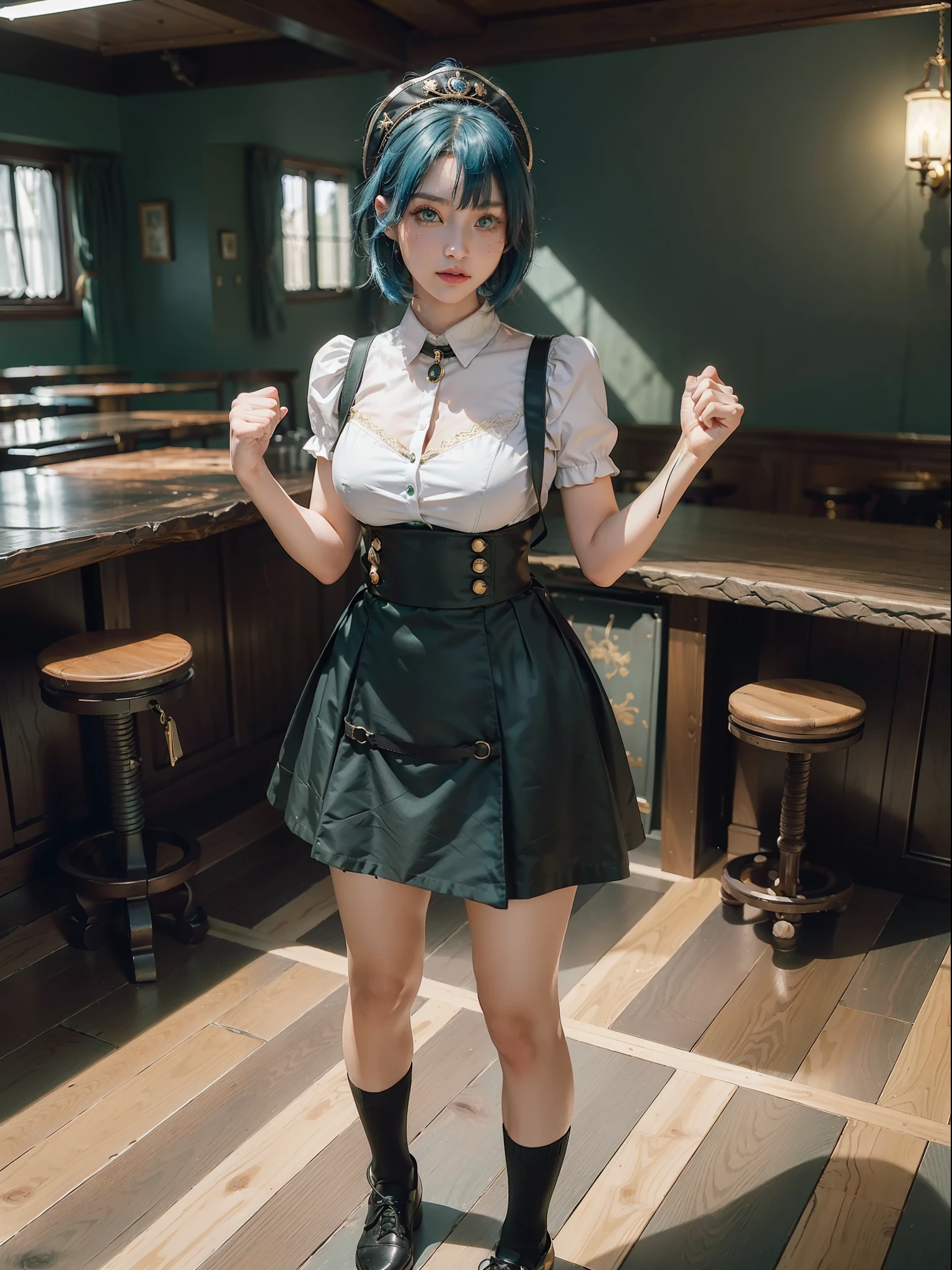 ((full body, standing, standing on the floor, Saria)), ((black with gold pieces/maid's outfit with short skirt and socks with clip on the skirt, tight on the body)), smile, face with red cheek, ((she inside a pirate-themed restaurant with several people having lunch)), she has large breasts is wearing a maid's headdress, she has (((short blue hair, green eyes)), closed fists, perfect anatomy,best resolution, ultra detailed, anime style, masterpiece, 16k, UHD, textured skin, anatomically correct, ccurate