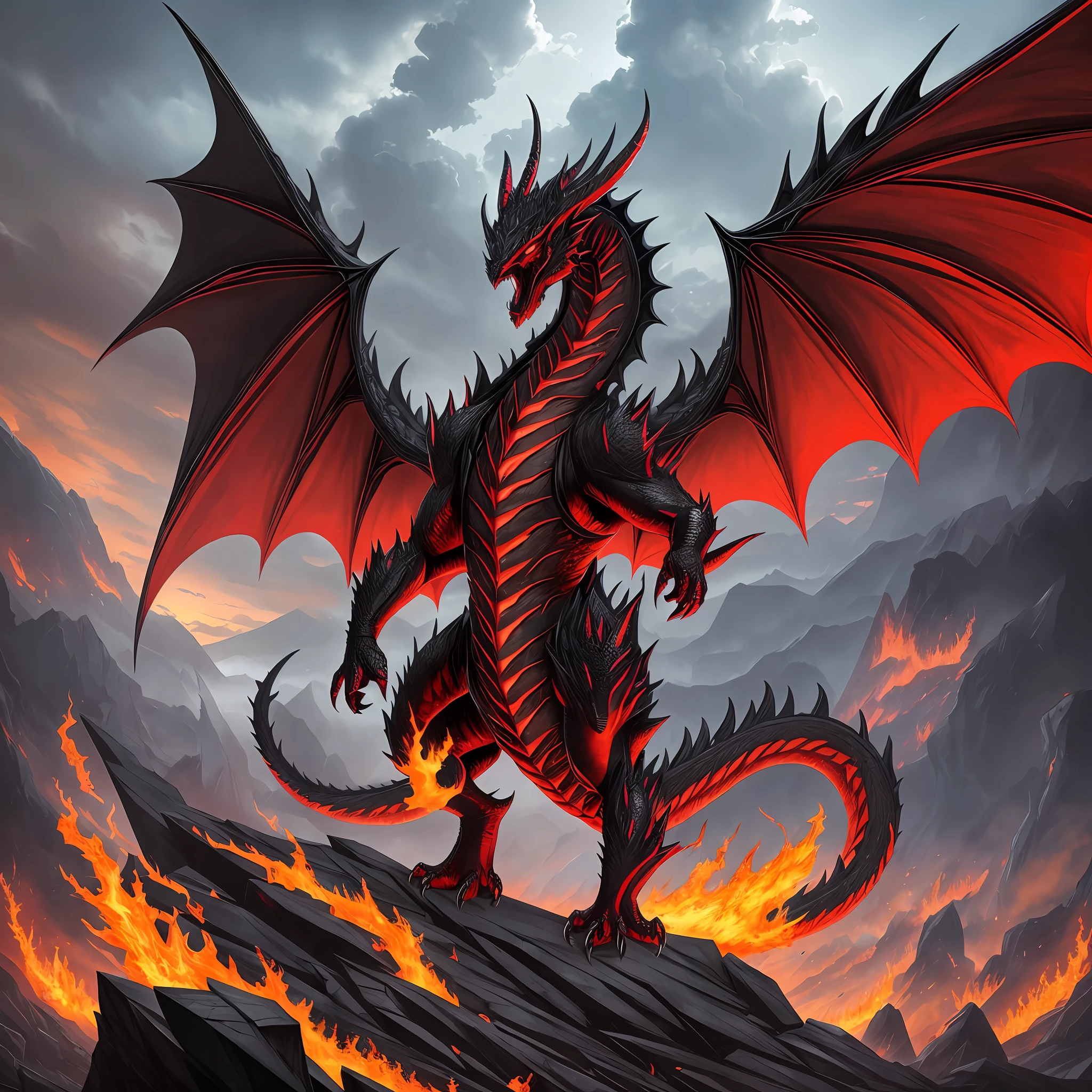 Big thin black dragon, one head, two paws, tail, red spikes, two large wings, (correct anatomy), evil, branched horns, lava, metal, standing on a black mountain, black lifeless rocks, high quality, masterpiece. --auto --s2