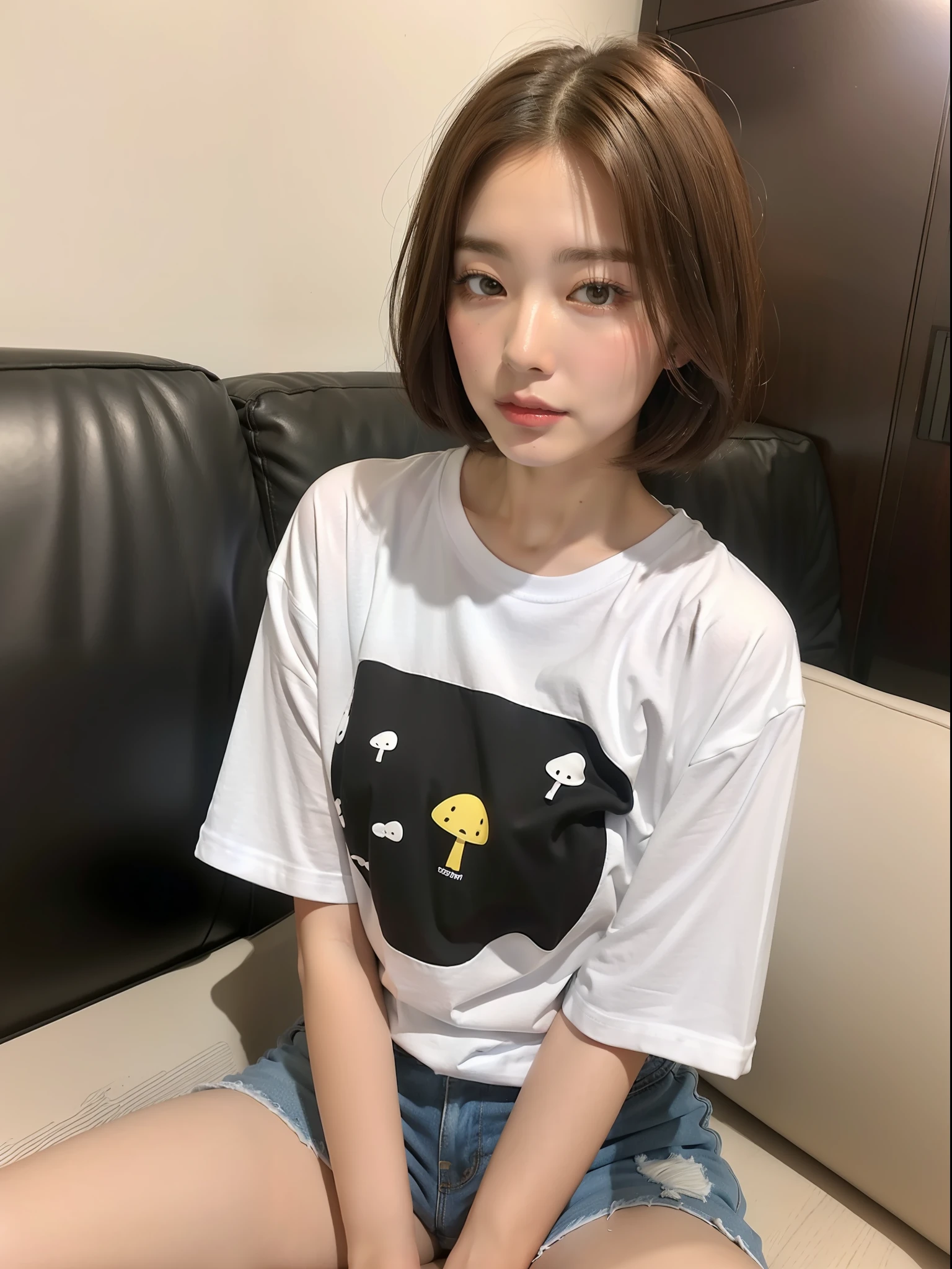 high-quality fashion photos, (8k: 1.27), (top quality, masterpiece, super high resolution: 1.2), (1 girl:1.8), (solo:1.8), (wearing a t-shirt with cute mushroom illustrations: 1.8), (she is sitting on the sofa: 1.6), (wearing a black t-shirt: 2), Suzu Hirose, Japan actress, Instagram photos, street snaps, high school students, Cute Japan women (beautiful: 1.1), T-shirts, oversized T-shirts, (big t-shirts: 2), photo t-shirts, heavyweight t-shirts, highly detailed face and skin textures, delicate eyes, double eyelids, whitening skin, short hair, short hair, Japan streetwear, oversized t-shirts, brown hair, shorts,