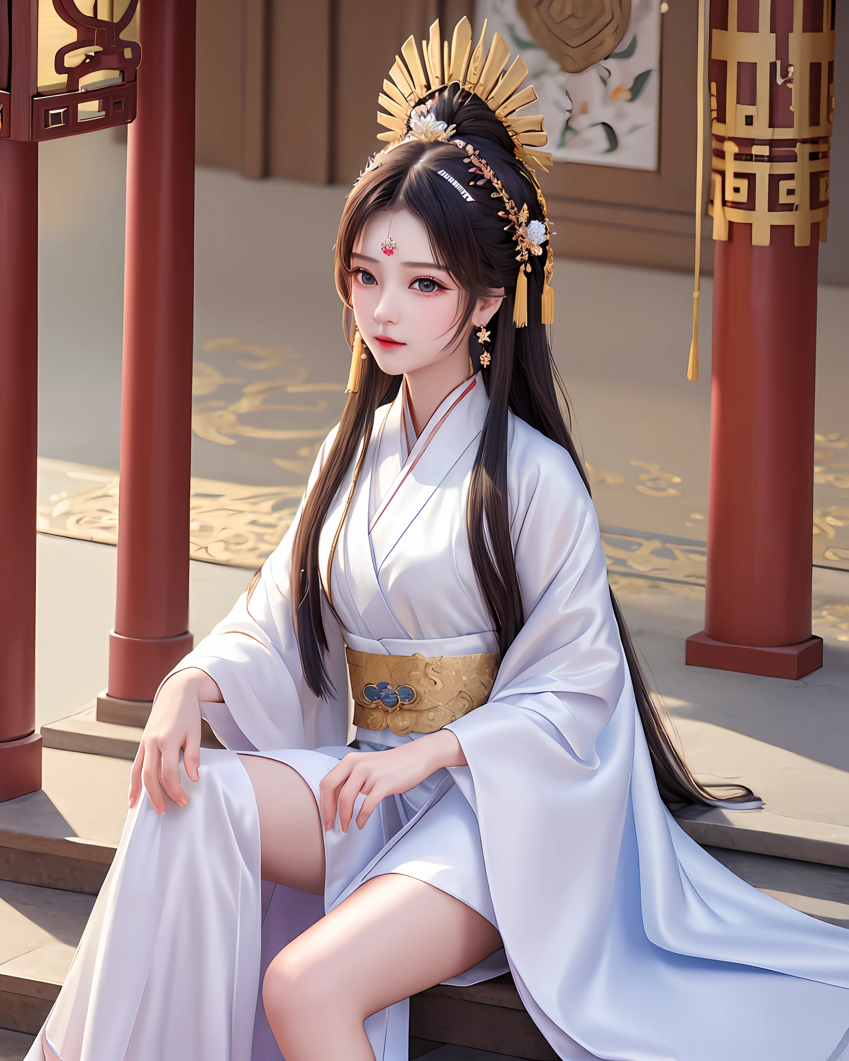 ((((Masterpiece)))), {{Best Quality}}, Art CG, {{Ultra Detail}}, {{Illustration}}, Amazing, Fine Detail, Extremely Detailed CG, Beautiful Detailed Glow, Art Book, 8k, 1 Girl, Hanfu, Red Hanfu, Loli, Court, Long Hair, Black Hair, Sitting on Steps, Sitting Dignified, Very Beautiful, Headdress, Chinese Headwear, Earrings, Clean and Neat Background, Silk Background, White Silk Cloth,