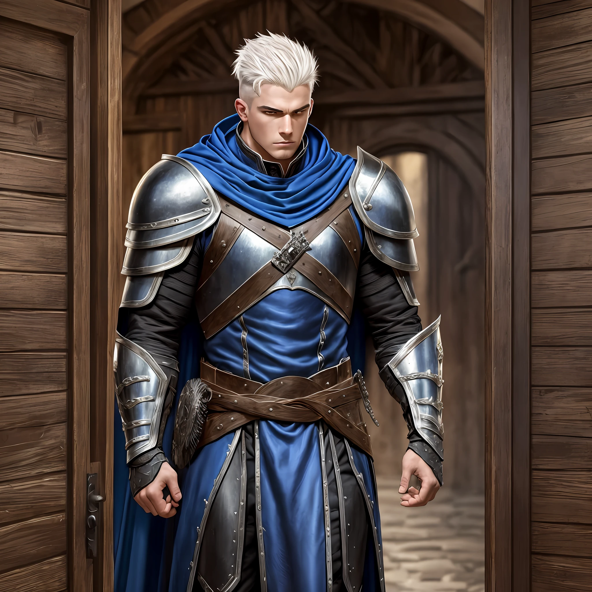 Young man tall muscular, wide, bright-eyed, With shaved White hair, wearing a medieval Armor with wolf shoulder pads, black and a Blue cape, angry at the entrance door of a tavern, Realistic, Full HD, best quality