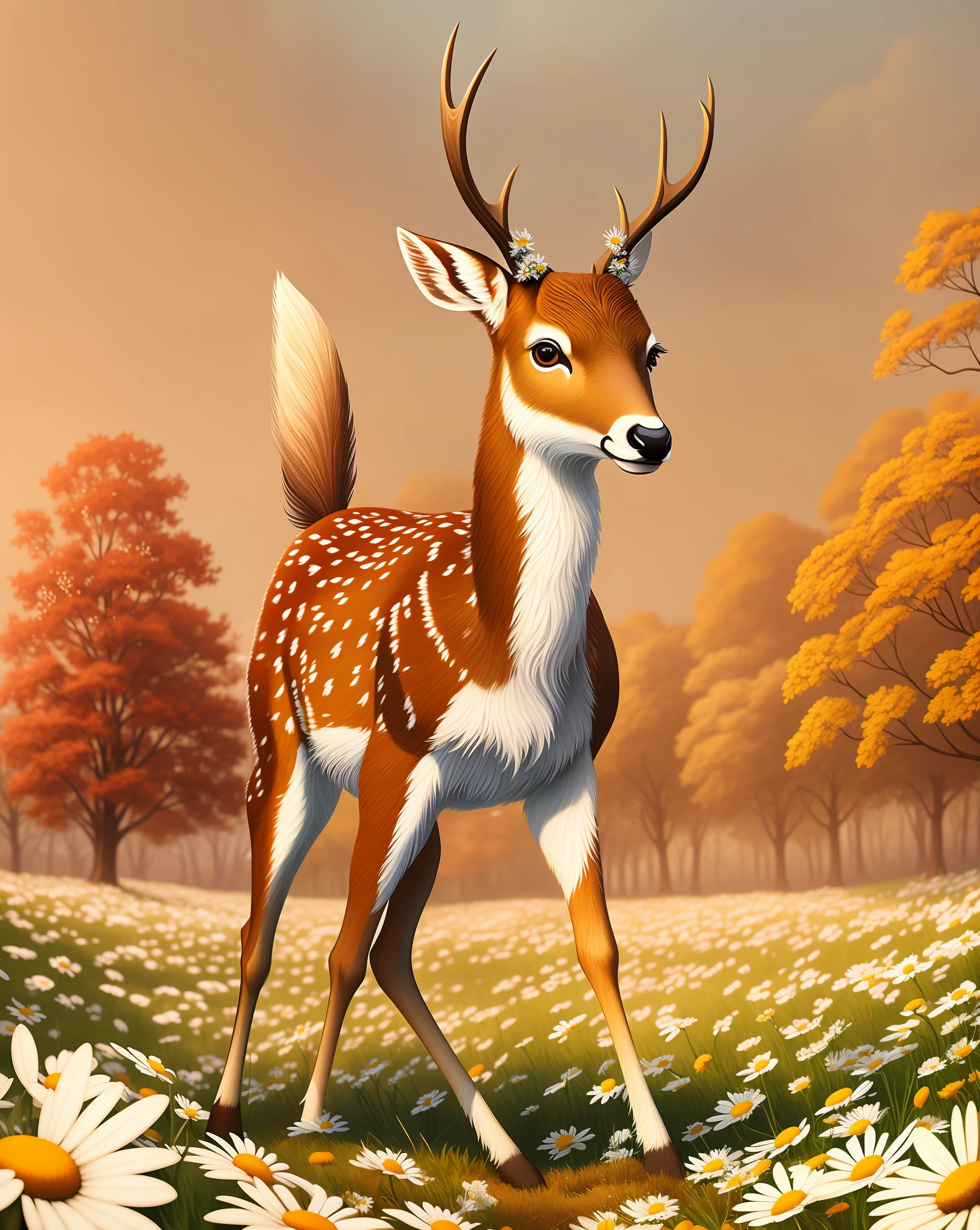 painting of a deer in a field of daisies and trees, anthropomorphic deer, anthropomorphic deer female, anthropomorphic female deer, an anthropomorphic deer, detailed beautiful animals, spotted ultra realistic, wildlife illustration, background artwork, digital painting highly detailed, highly detailed digital painting, beautiful autumn spirit, beautiful digital painting, realistic scene