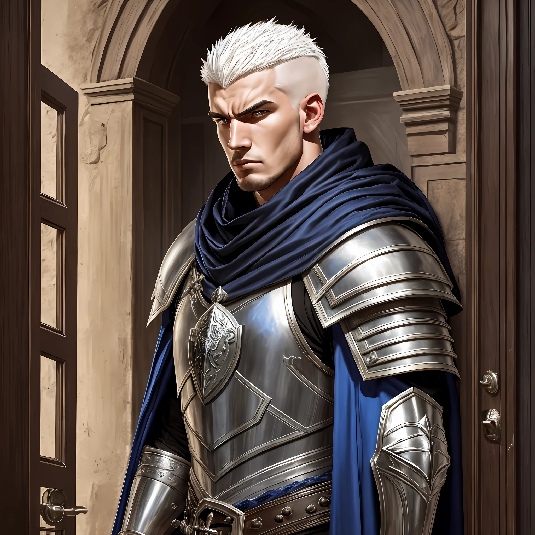Young man tall muscular, wide, bright-eyed, With shaved White hair, wearing a medieval Armor with wolf shoulder pads, black and a Blue cape, angry at the entrance door of a tavern, Realistic, Full HD, best quality