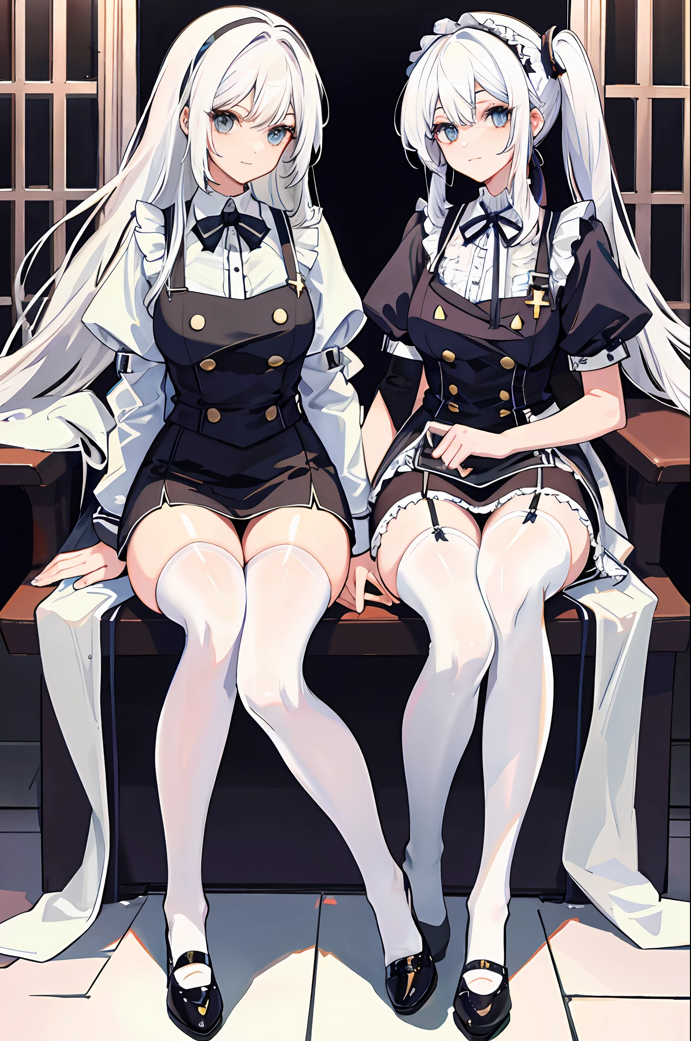 ,twins,white hair,stockings,mature female,