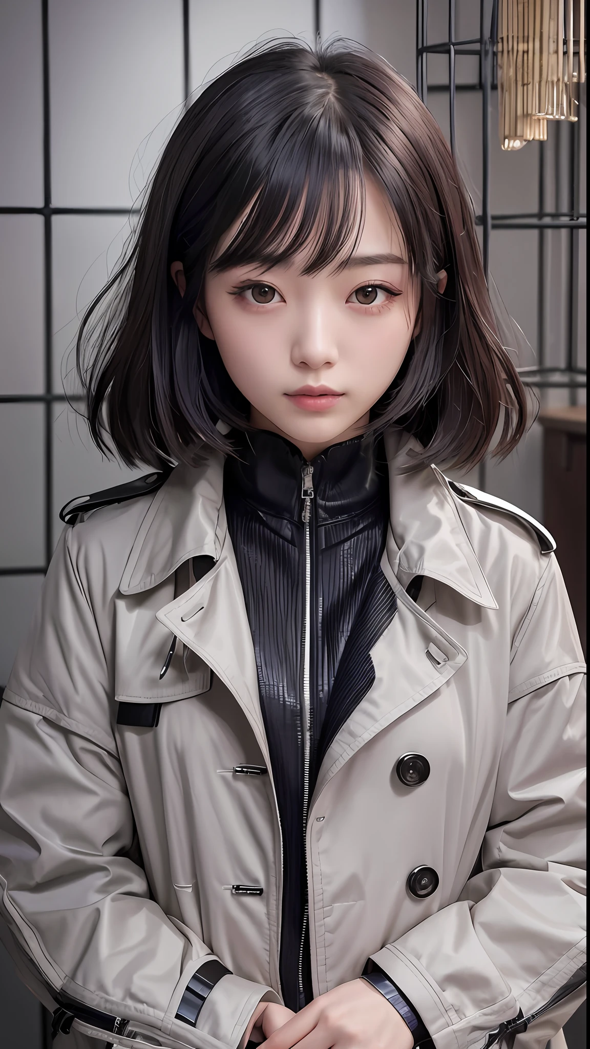 It depicts Japan beauties wearing ultra-high image quality, super high quality, super detail, shiny satent wrench coat locked in a dark private room, her hair is black and short, fluttering in the wind. In the background, cages and handcuffs are installed to create a dangerous atmosphere of confinement. Her face has an intelligent and calm expression, and her confident eyes are attractive. Just as her fashion sense and sophisticated style can be seen at a glance, the attention to detail and accessories of the trench coat is also felt.