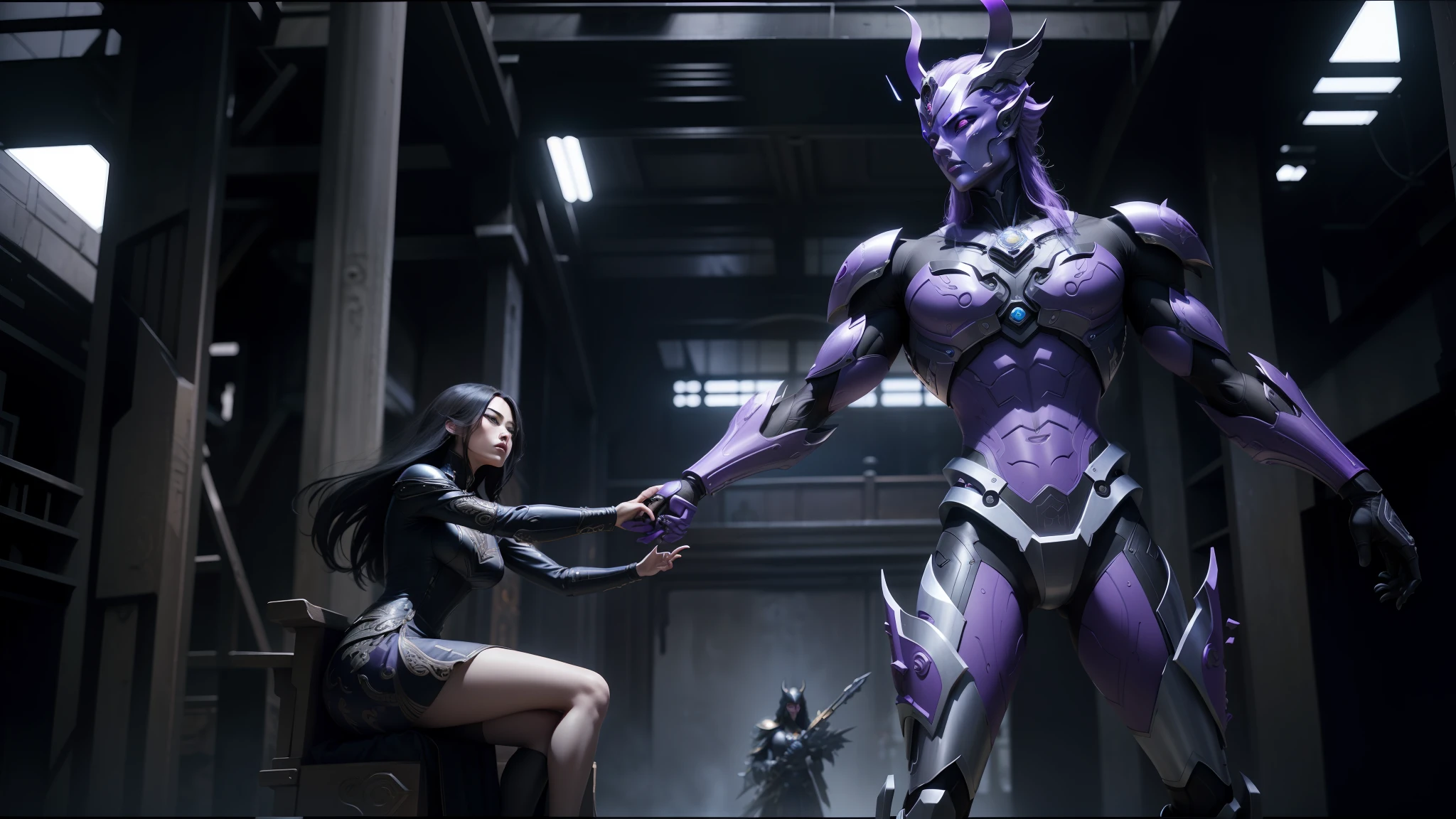 araffe and a woman in a dress are touching a robot, still from alita, sleek purple armor, lu ji, porcelain cyborg, oni, in style of fenghua zhong, still from a music video, by Alexander McQueen, film still from 'thor', hyperdetailed metalwork, syndicate(2012) --ar 16:9 --auto --s2