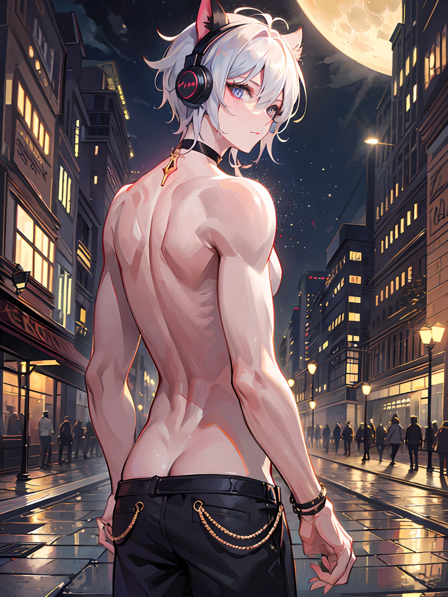 masterpiece, best quality,1boy, male focus,,beautiful eyes,looking at viewer, expressionless, nude, naked, cityscape, night, big moon,lamppost, street wear,headphones, black choker, necklac ,back turned, panty tug