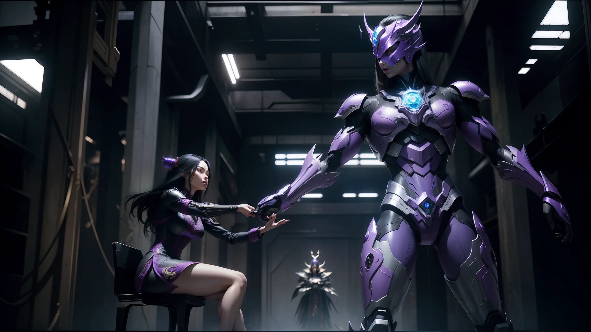 araffe and a woman in a dress are touching a robot, still from alita, sleek purple armor, lu ji, porcelain cyborg, oni, in style of fenghua zhong, still from a music video, by Alexander McQueen, film still from 'thor', hyperdetailed metalwork, syndicate(2012) --ar 16:9 --auto --s2