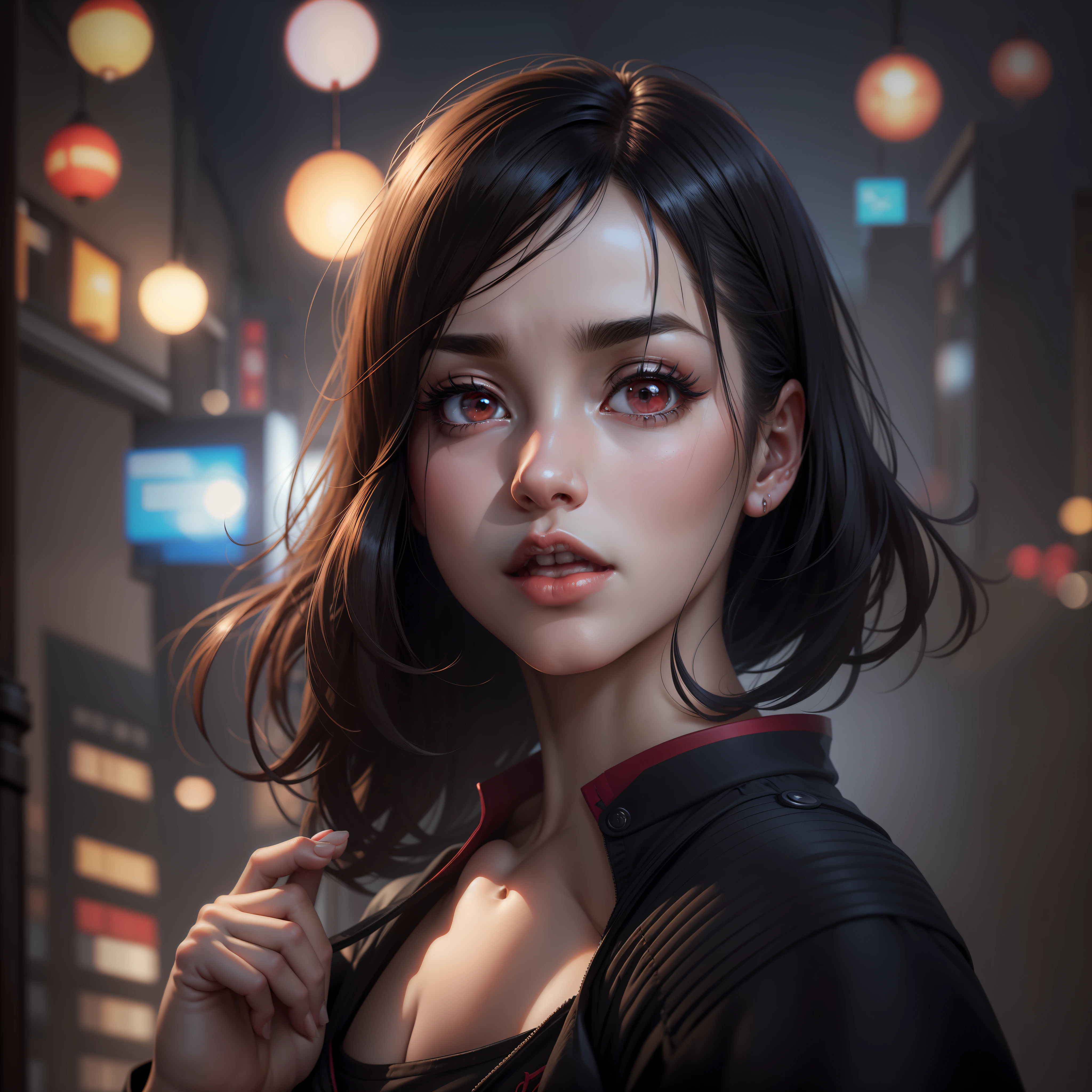 (8k, RAW photo, highest quality, masterpiece: 1.2), (realistic, photorealistic: 1.37), 1 girl, people from Japan, 32 years old, female, Tokyo cityscape, night, professional lighting, photon mapping, radiosity, torn, large, transparent and very small in size, protruding tips, protruding areola, clearly visible pubic shape, gal, Many eyelashes, eyelids thighs, bright red lips, black heels, pubic hair, bristles on the lower abdomen, slender, open groin, are large and are about to spill out of the bra, uniform is clean, pubic hair is very protruding,