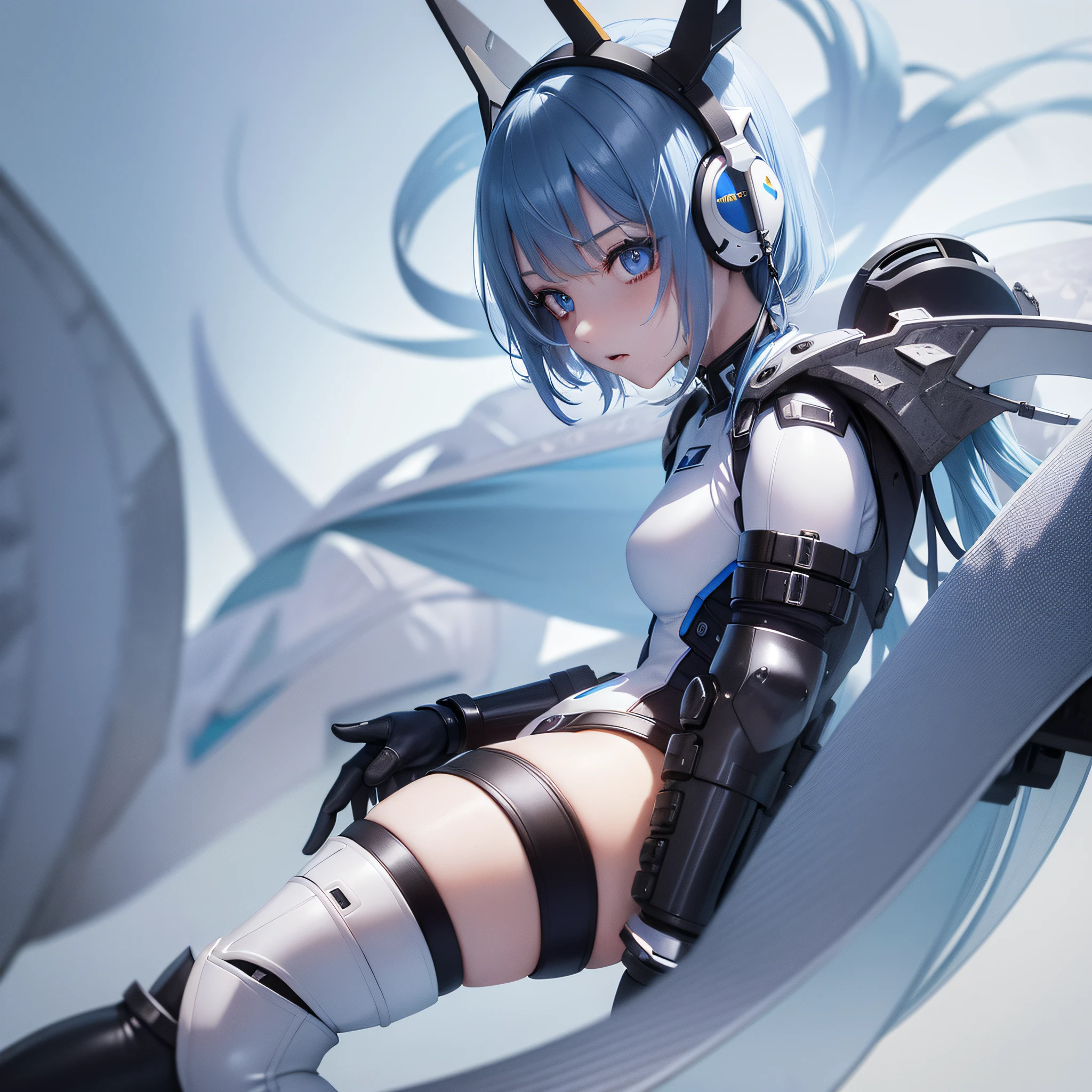 (masterpiece, highest quality, highest resolution, distinct_image, detailed details): (Solo, lone girl, Japan face, blue-haired girl, full body figure, small size breasts, sparkling blue colored eyes, metallic tone white and blue, pilot suit in black color, tight fit clothes, clothes covering the whole body, beauty, slim body, exoskeleton, sexy pose, white and blue and black metal armor, Heroine, headset, boots)