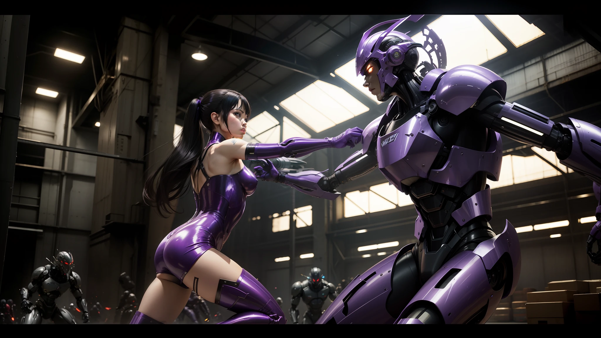 araffes in a purple dress is fighting a robot in a warehouse, movie still of cyborg, wearing atsuko kudo latex outfit, inspired by Charles Mahoney, white biomechanical details, still image from the movie, posing for a fight --ar 16:9 --auto --s2