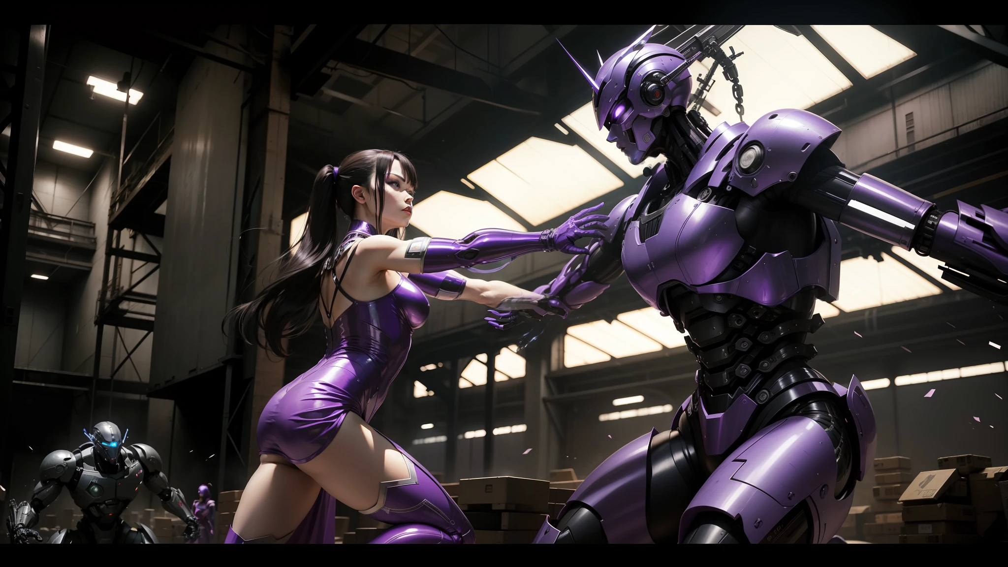 araffes in a purple dress is fighting a robot in a warehouse, movie still of cyborg, wearing atsuko kudo latex outfit, inspired by Charles Mahoney, white biomechanical details, still image from the movie, posing for a fight --ar 16:9 --auto --s2