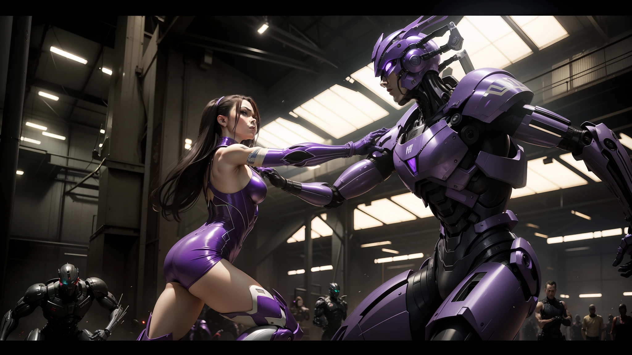 araffes in a purple dress is fighting a robot in a warehouse, movie still of cyborg, wearing atsuko kudo latex outfit, inspired by Charles Mahoney, white biomechanical details, still image from the movie, posing for a fight --ar 16:9 --auto --s2